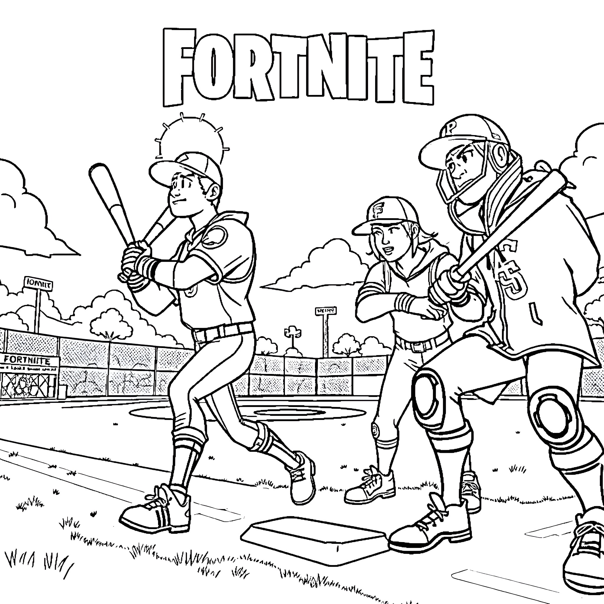 Fortnite Character Playing Baseball in a Sports Field Coloring Page (free black-and-white line drawing printable PDF for all, from beginners to advanced learners, including children, teens, adults, and seniors)