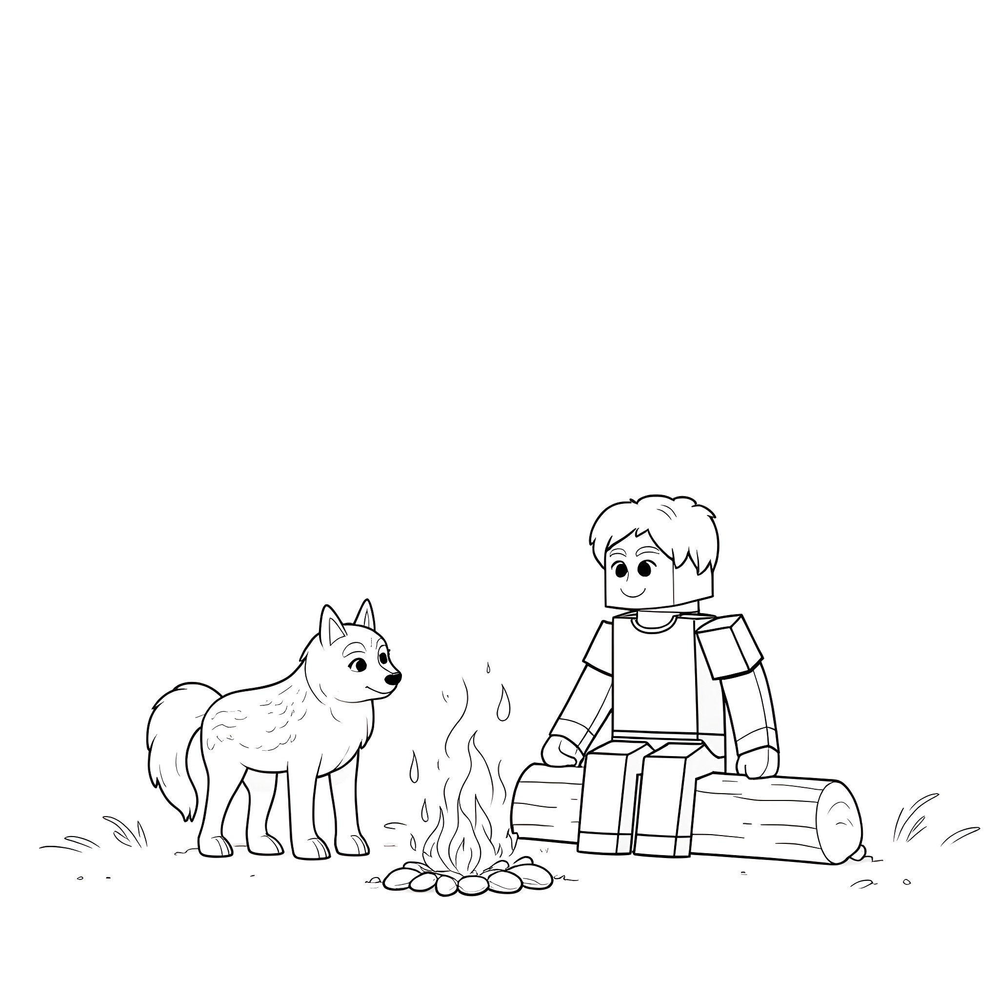 Steve's campfire adventure with his loyal companion Coloring Page (free black-and-white line drawing printable PDF for all, from beginners to advanced learners, including children, teens, adults, and seniors)