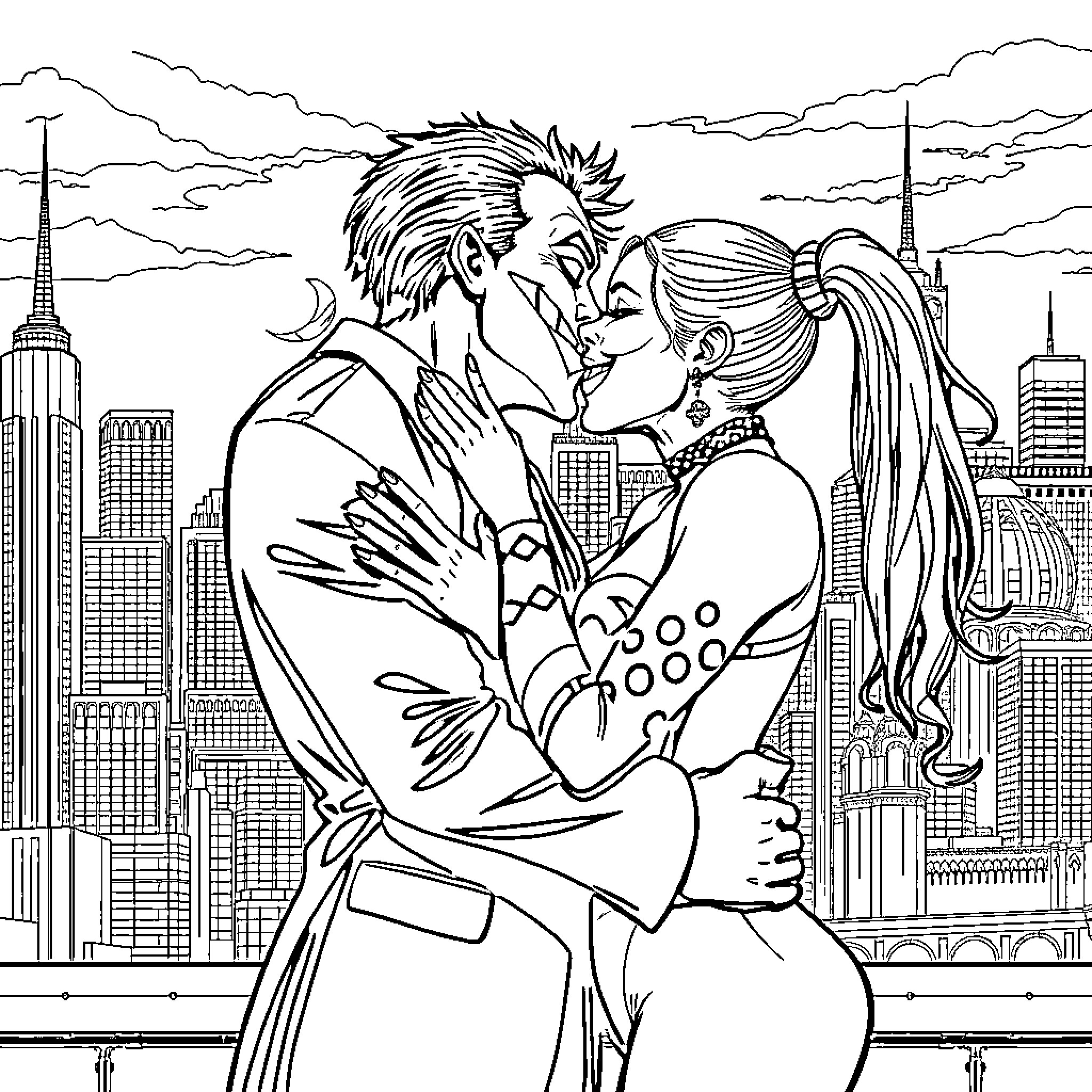 Harley Quinn and Joker embrace in front of cityscape Coloring Page (free black-and-white line drawing printable PDF for all, from beginners to advanced learners, including children, teens, adults, and seniors)