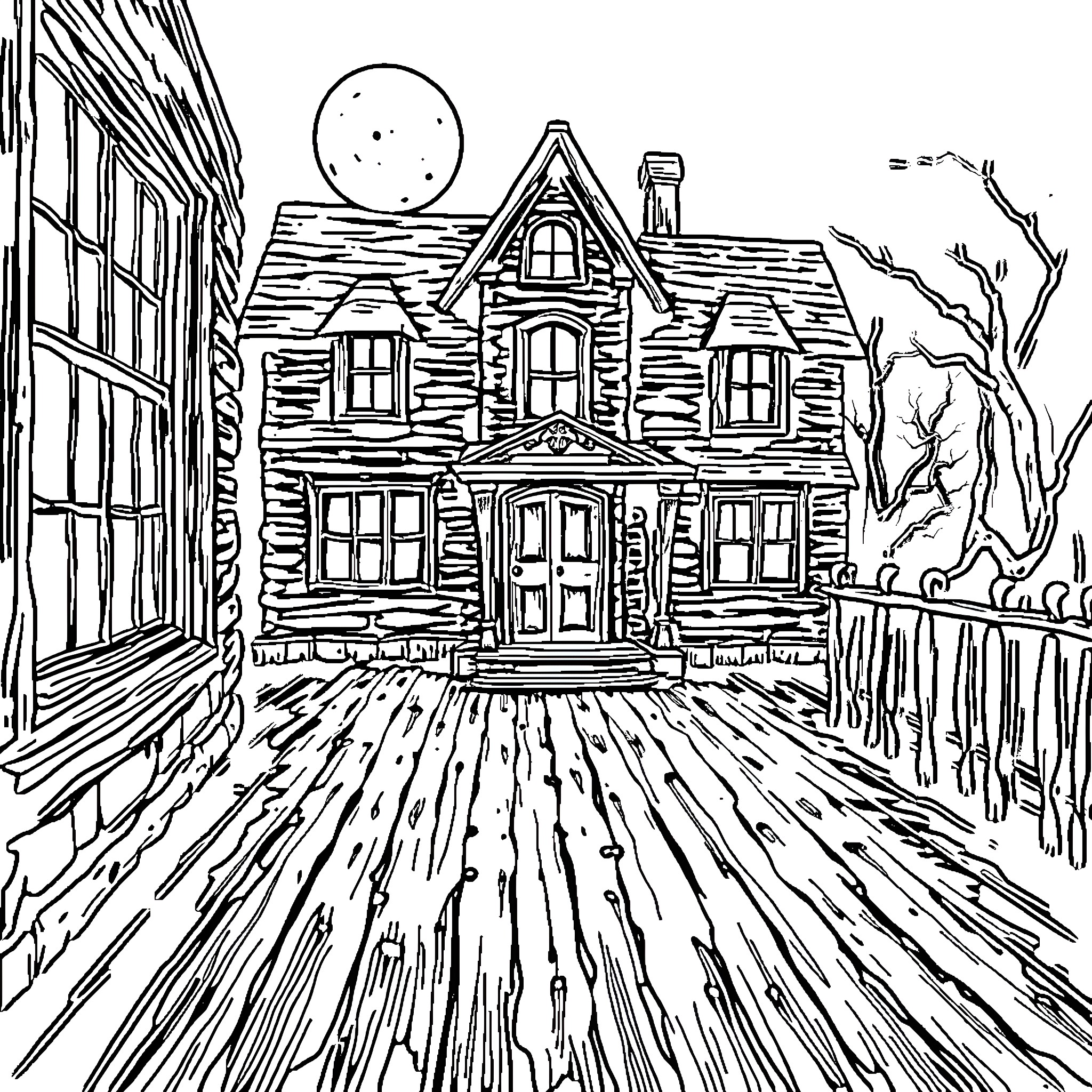 House on a creepy night with a full moon Coloring Page (free black-and-white line drawing printable PDF for all, from beginners to advanced learners, including children, teens, adults, and seniors)