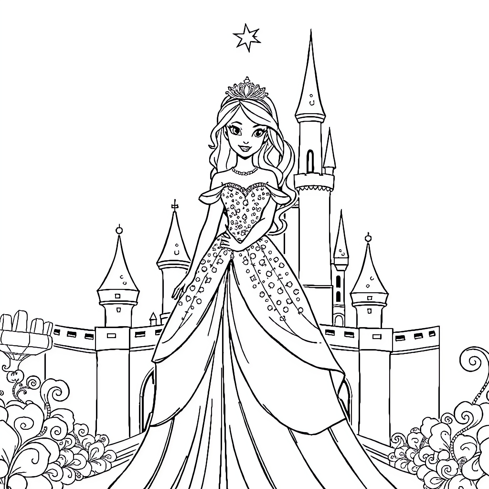 Princess in Flowing Gown at Enchanted Castle Coloring Page (free black-and-white line drawing printable PDF for all, from beginners to advanced learners, including children, teens, adults, and seniors)