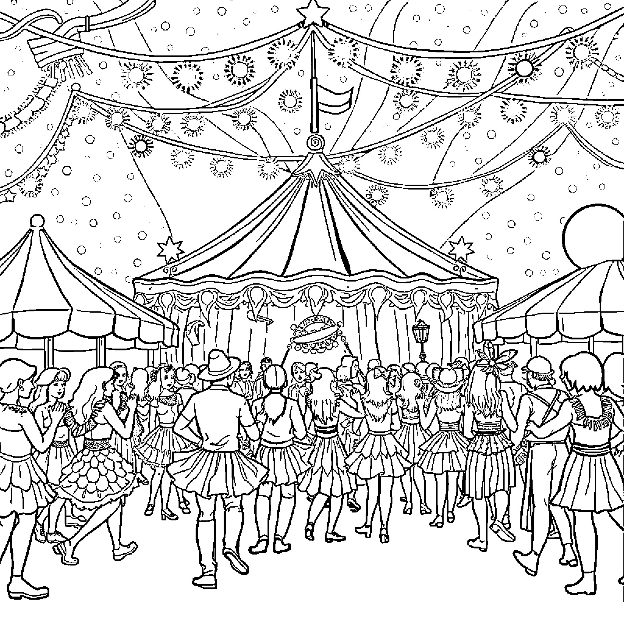 Carnival Celebration with Vibrant Costumes and Festive Decor Coloring Page (free black-and-white line drawing printable PDF for all, from beginners to advanced learners, including children, teens, adults, and seniors)