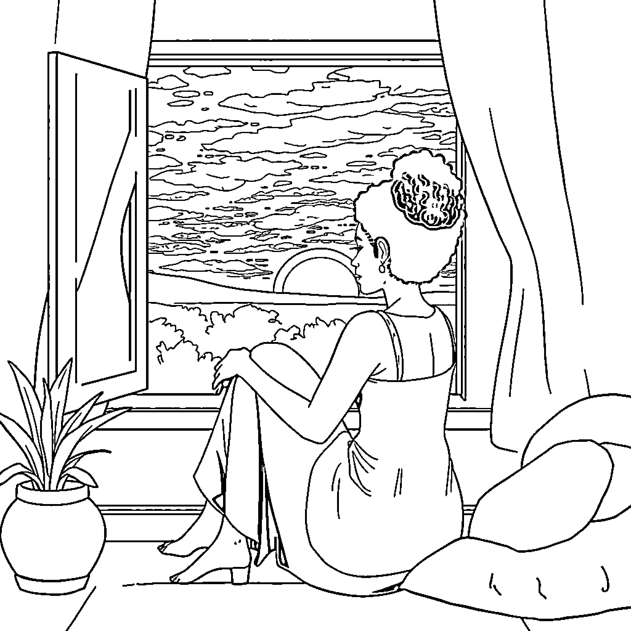 Woman gazing out the window at the sunset Coloring Page (free black-and-white line drawing printable PDF for all, from beginners to advanced learners, including children, teens, adults, and seniors)