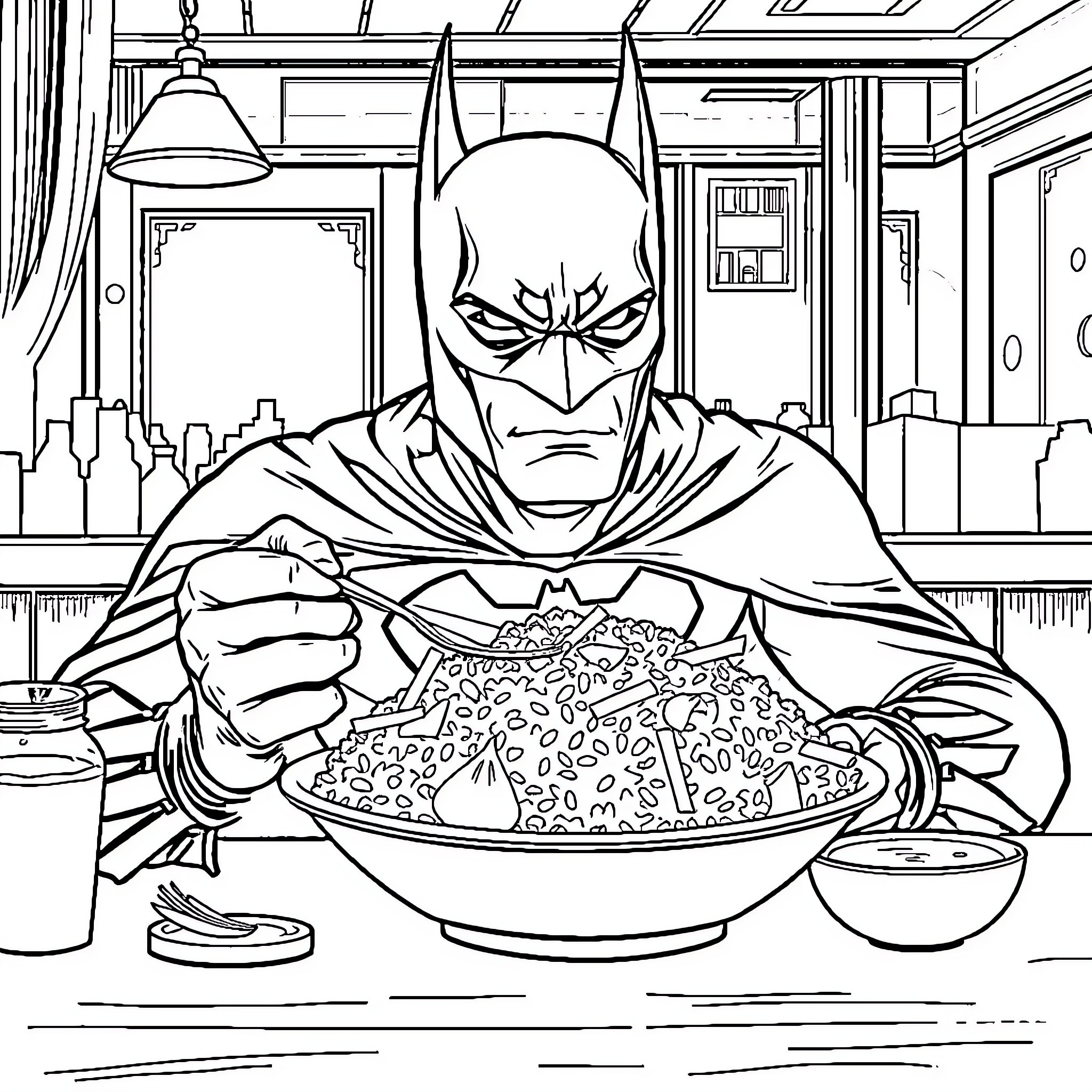 Batman enjoying a meal in his hideout Coloring Page (free black-and-white line drawing printable PDF for all, from beginners to advanced learners, including children, teens, adults, and seniors)
