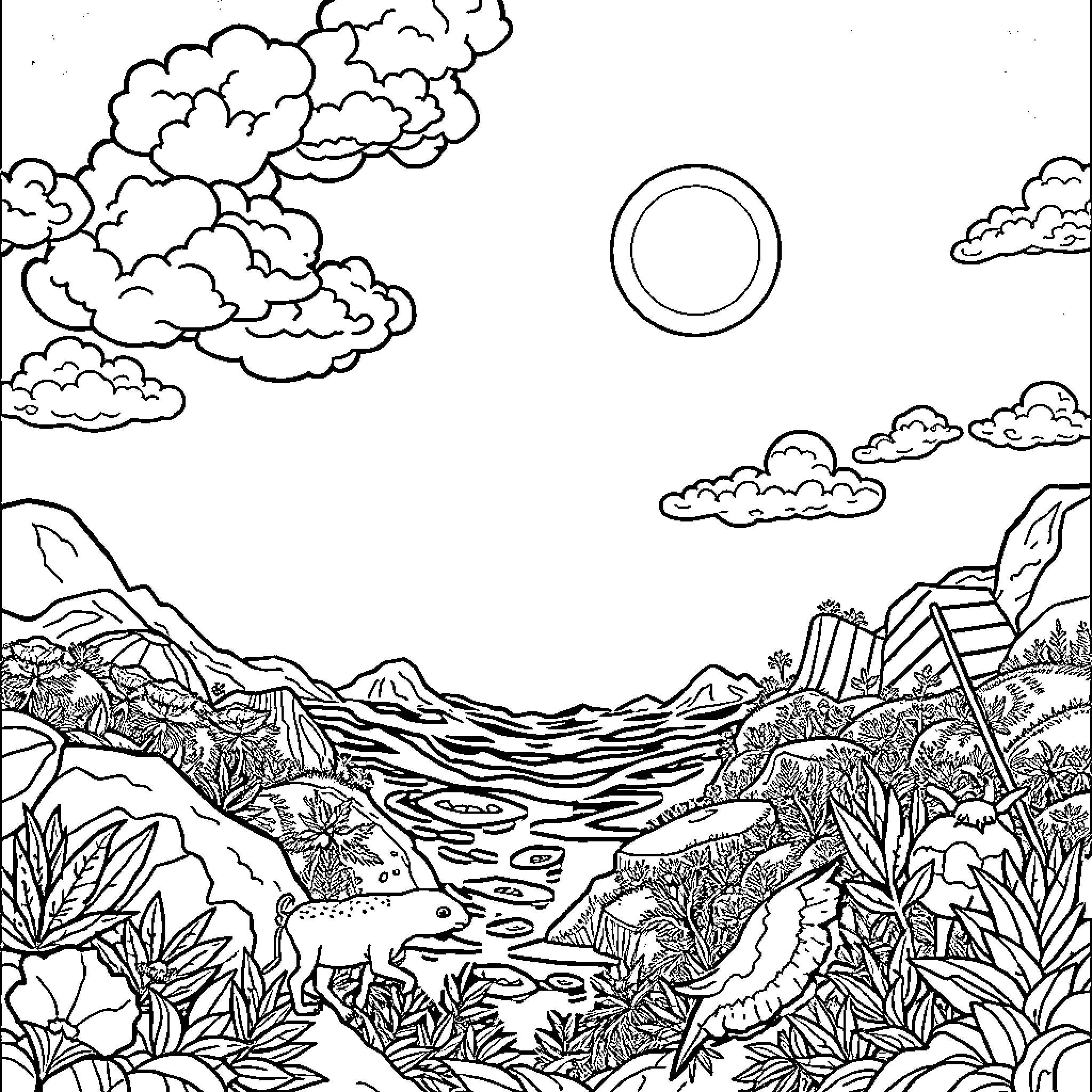 Earth's tranquil landscape with nature elements Coloring Page (free black-and-white line drawing printable PDF for all, from beginners to advanced learners, including children, teens, adults, and seniors)