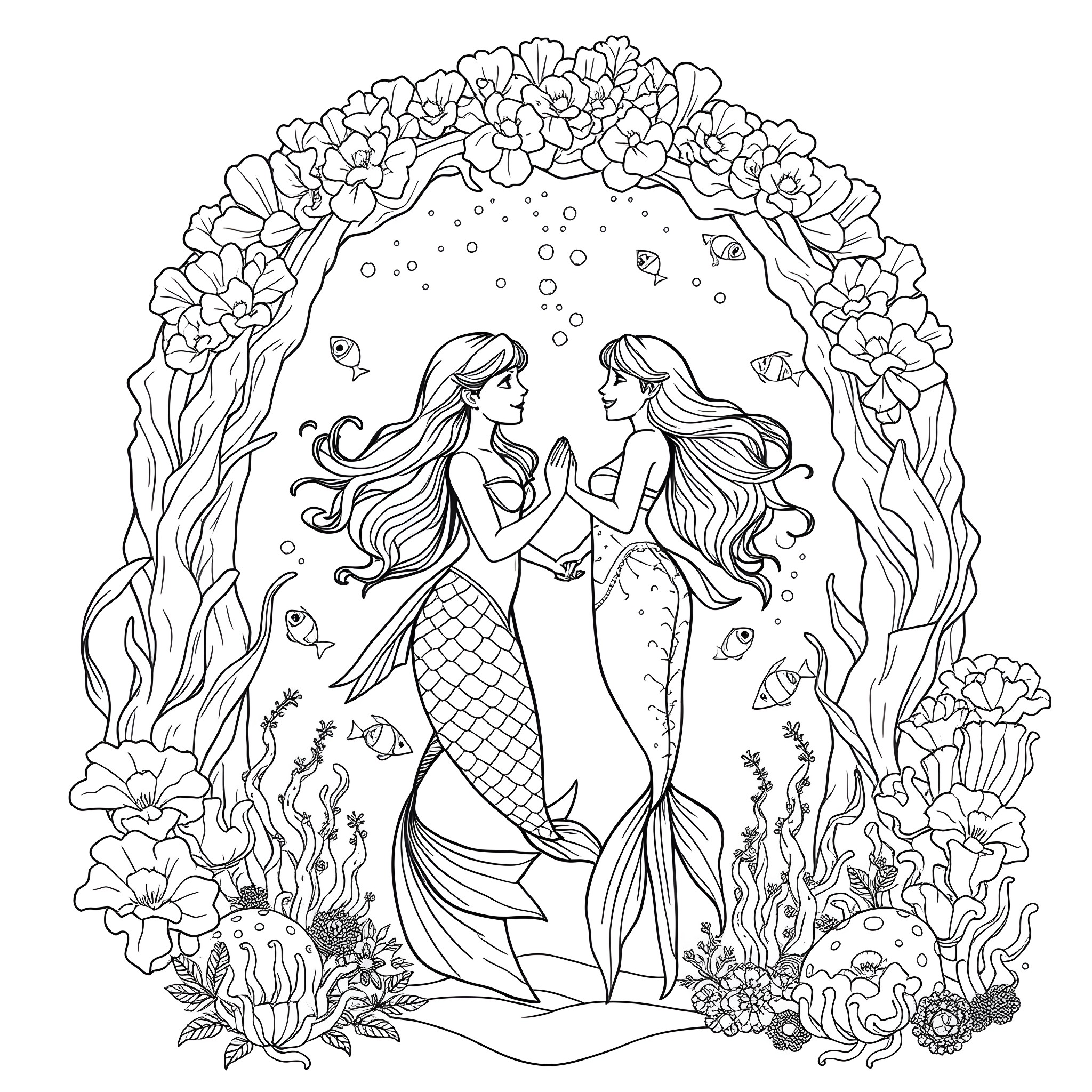 Mermaid sisters dancing underwater in a floral archway Coloring Page (free black-and-white line drawing printable PDF for all, from beginners to advanced learners, including children, teens, adults, and seniors)