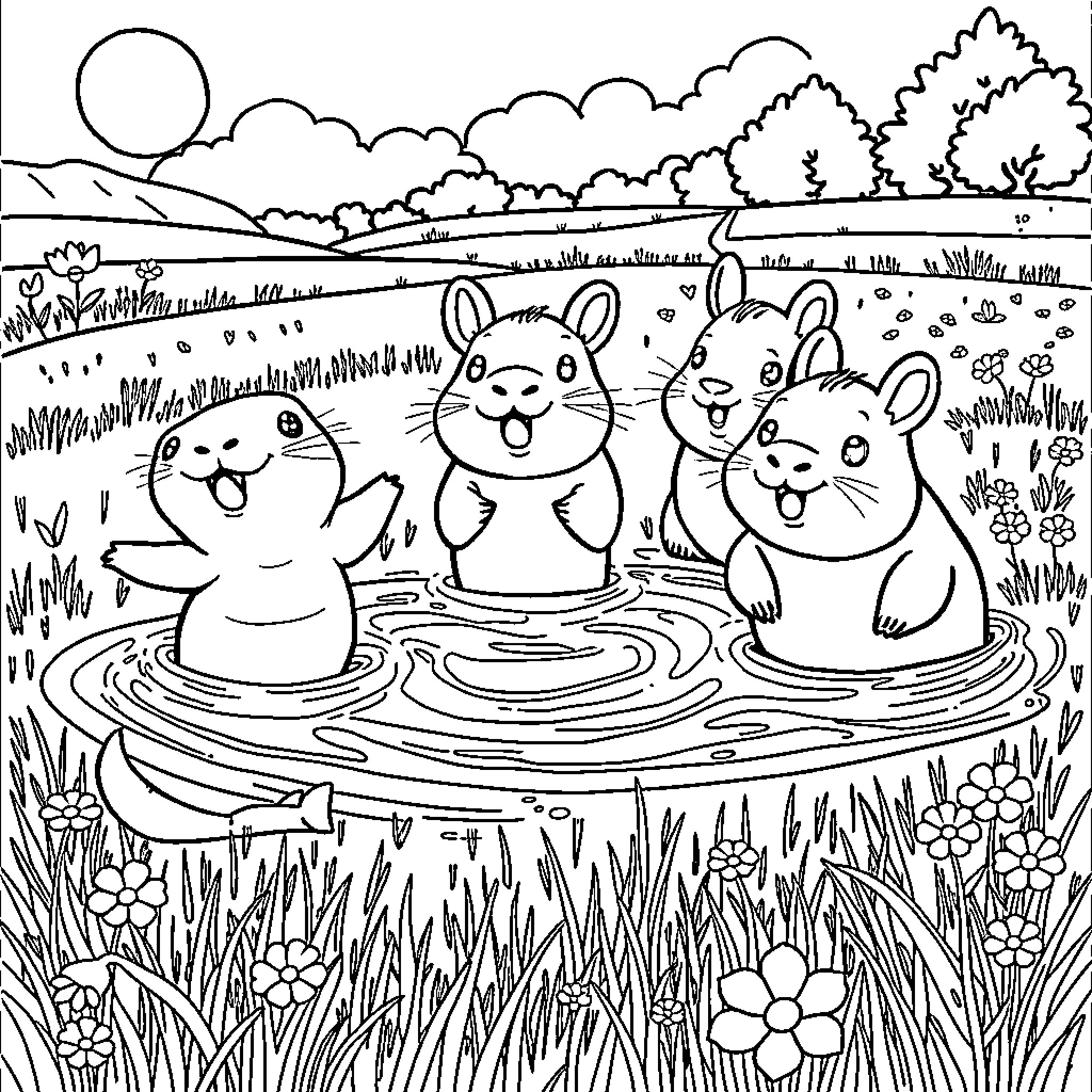 Axolotl friends enjoy a peaceful day in nature Coloring Page (free black-and-white line drawing printable PDF for all, from beginners to advanced learners, including children, teens, adults, and seniors)