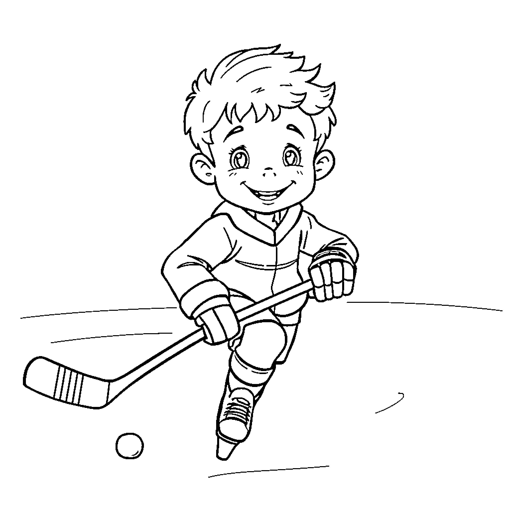 Boy playing hockey with a smile Coloring Page (free black-and-white line drawing printable PDF for all, from beginners to advanced learners, including children, teens, adults, and seniors)