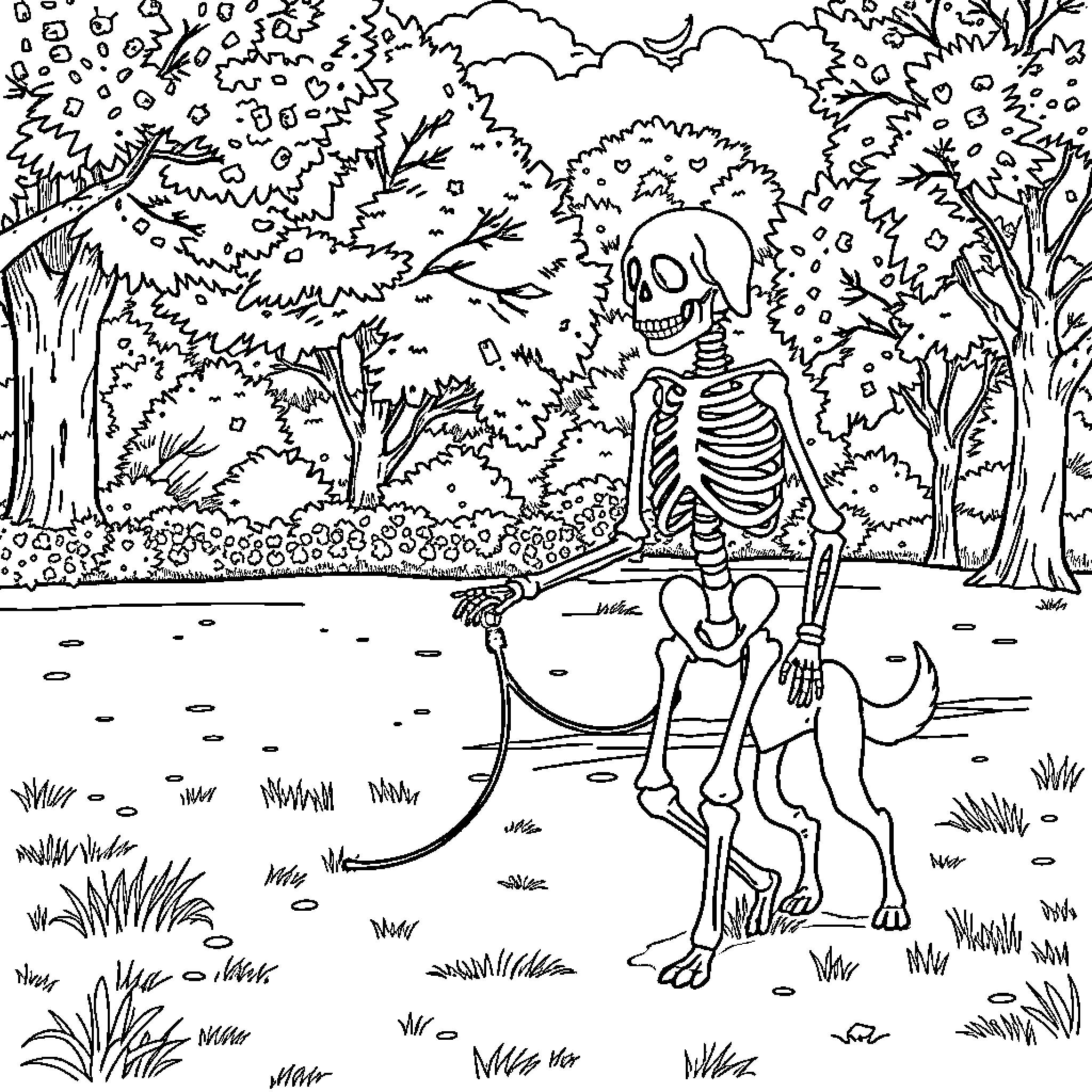 Dog Skeleton Taking a Stroll Through the Woods Coloring Page (free black-and-white line drawing printable PDF for all, from beginners to advanced learners, including children, teens, adults, and seniors)