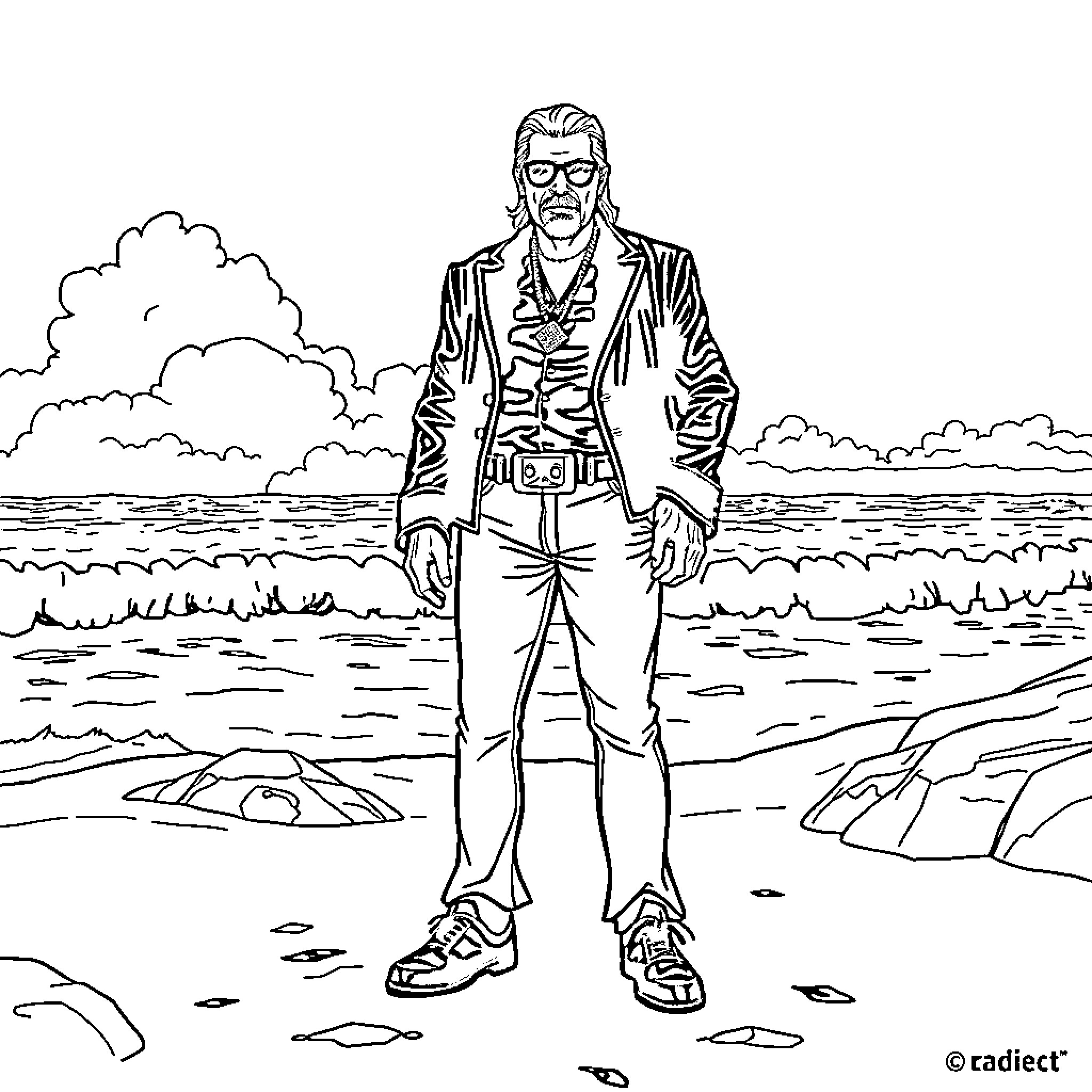 King Diamond standing solemnly on a rocky shore Coloring Page (free black-and-white line drawing printable PDF for all, from beginners to advanced learners, including children, teens, adults, and seniors)