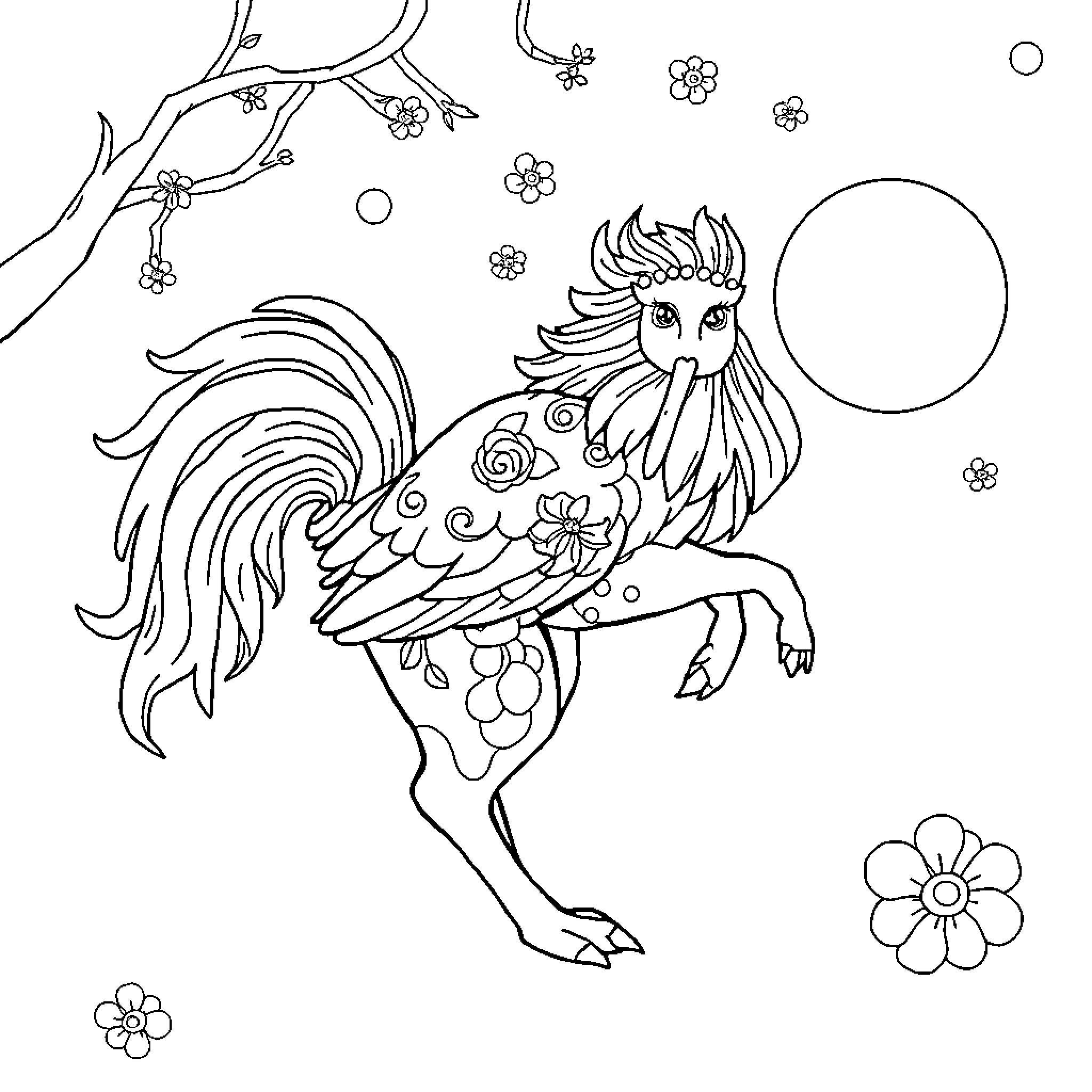 Cat with floral design in abstract scene Coloring Page (free black-and-white line drawing printable PDF for all, from beginners to advanced learners, including children, teens, adults, and seniors)