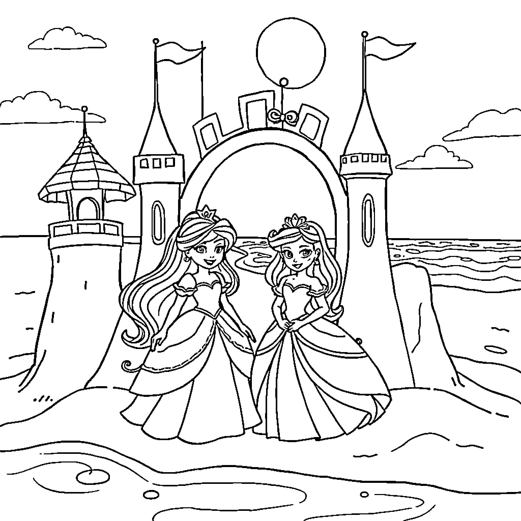 Bluey princesses exploring enchanted castle Coloring Page (free black-and-white line drawing printable PDF for all, from beginners to advanced learners, including children, teens, adults, and seniors)