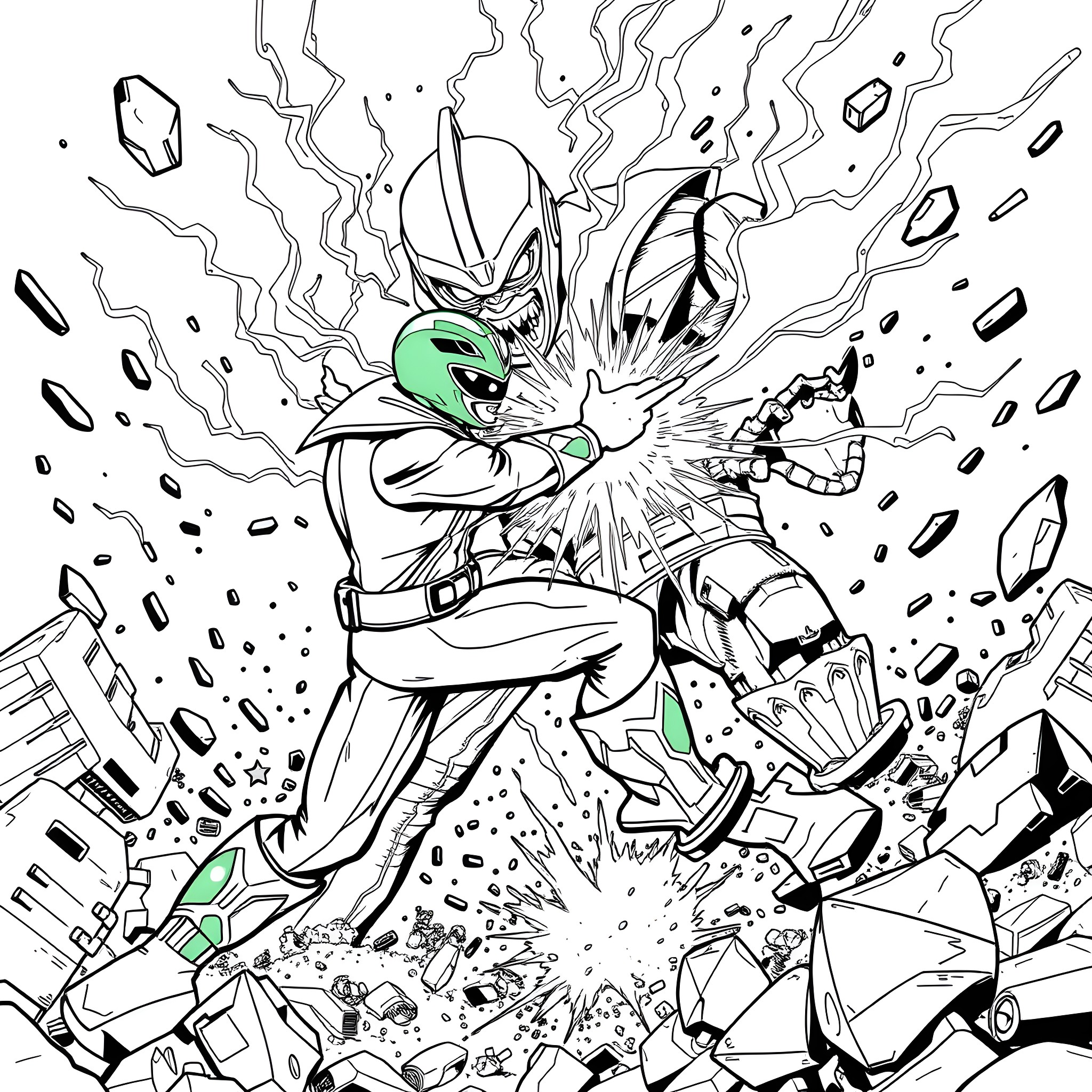 Green Ranger in Action-Packed Battle Scene Coloring Page (free black-and-white line drawing printable PDF for all, from beginners to advanced learners, including children, teens, adults, and seniors)