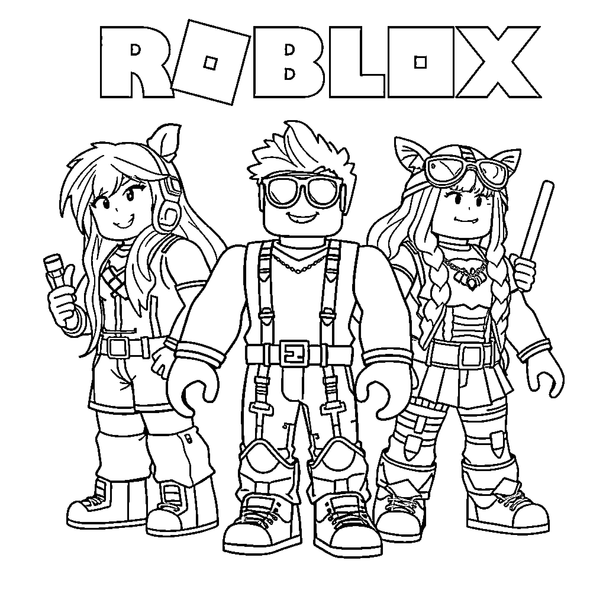 Roblox Character Group Image with Unique Outfits Coloring Page (free black-and-white line drawing printable PDF for all, from beginners to advanced learners, including children, teens, adults, and seniors)