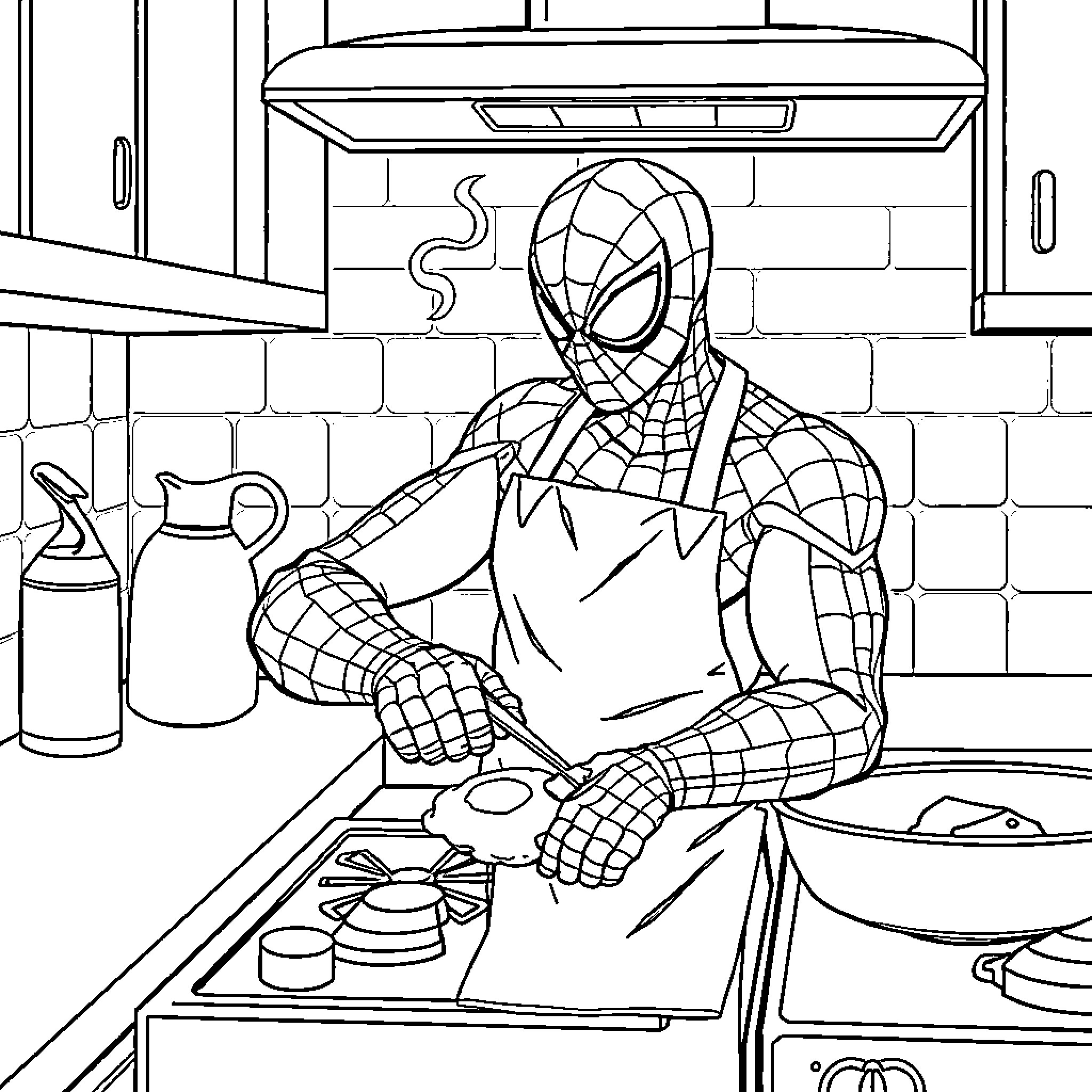 Spiderman cooking in the kitchen Coloring Page (free black-and-white line drawing printable PDF for all, from beginners to advanced learners, including children, teens, adults, and seniors)