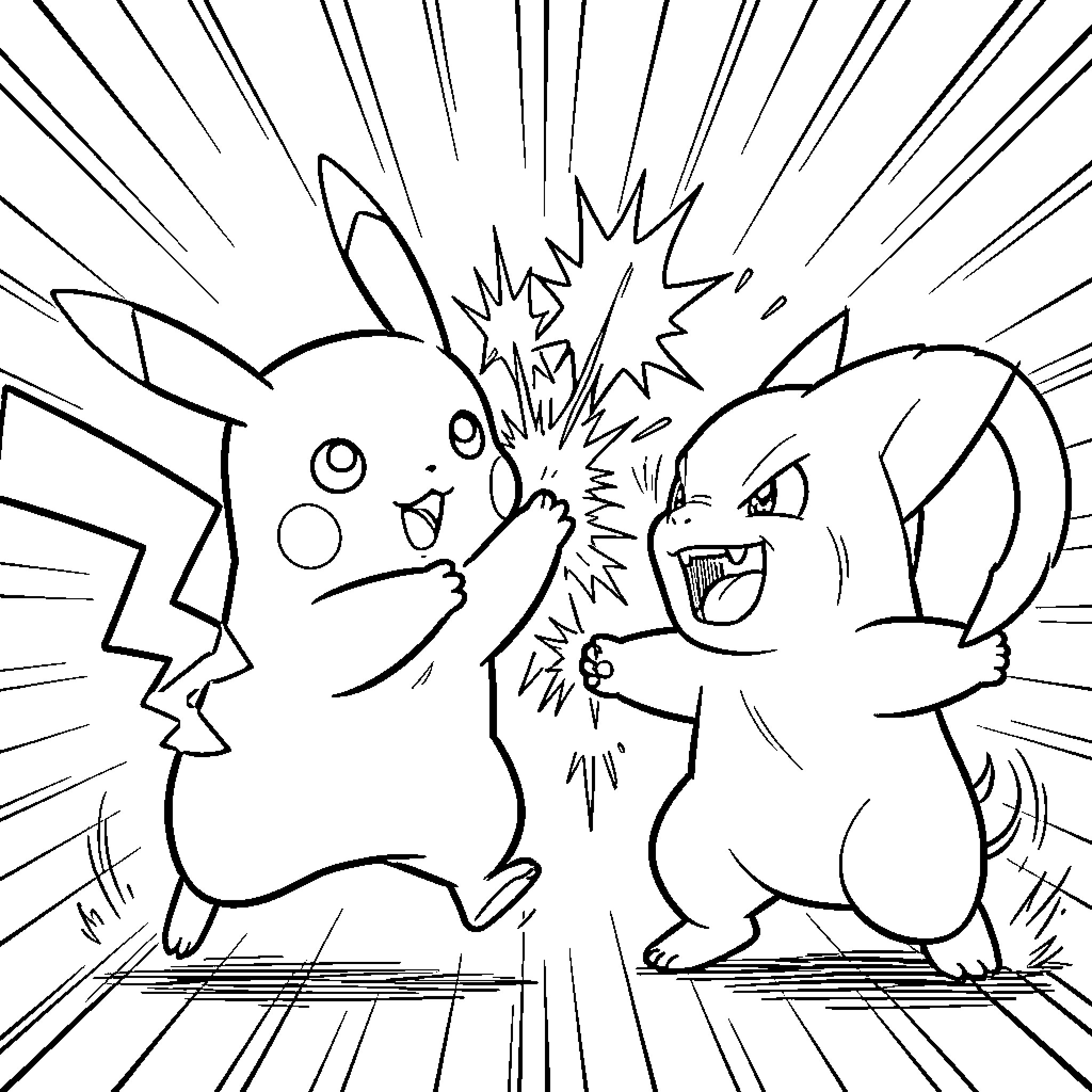 Pikachu battling an opponent with an intense expression Coloring Page (free black-and-white line drawing printable PDF for all, from beginners to advanced learners, including children, teens, adults, and seniors)