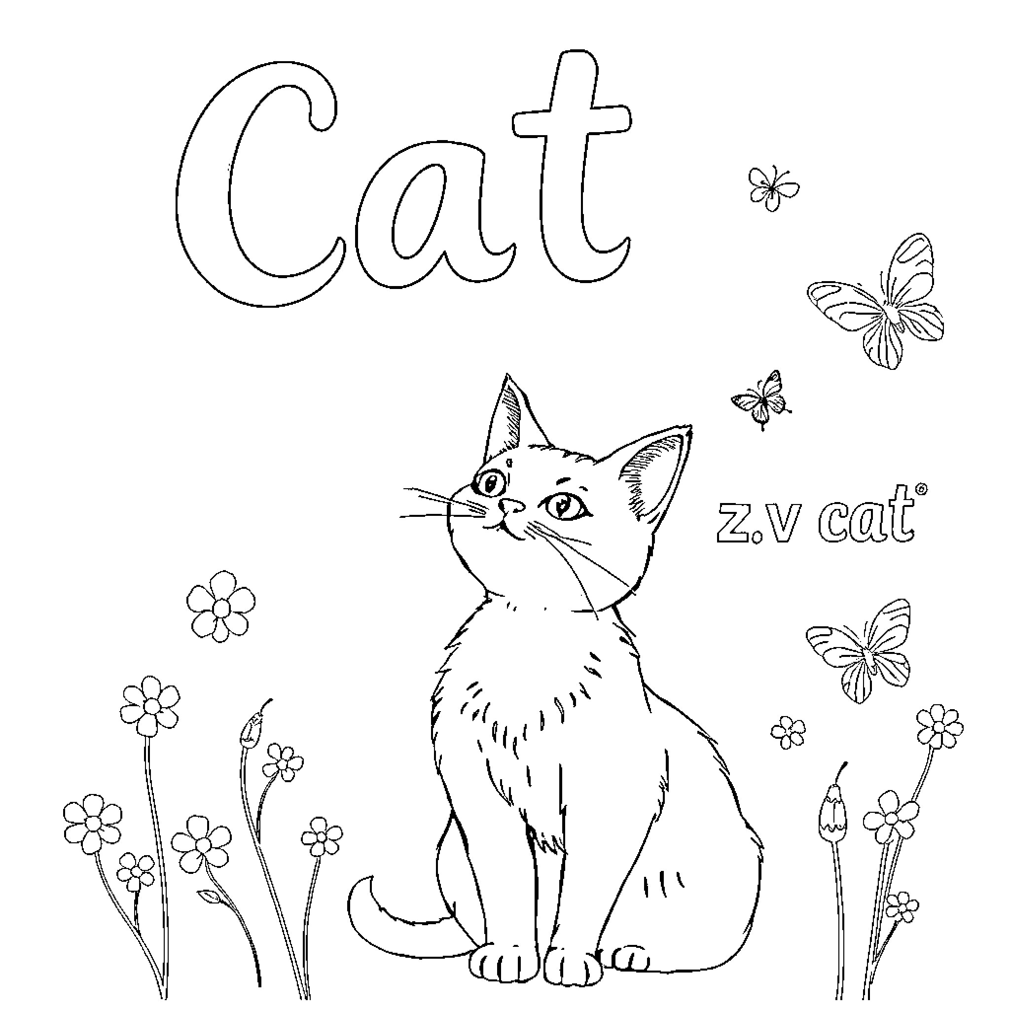 Cat and butterflies in a floral scene Coloring Page (free black-and-white line drawing printable PDF for all, from beginners to advanced learners, including children, teens, adults, and seniors)