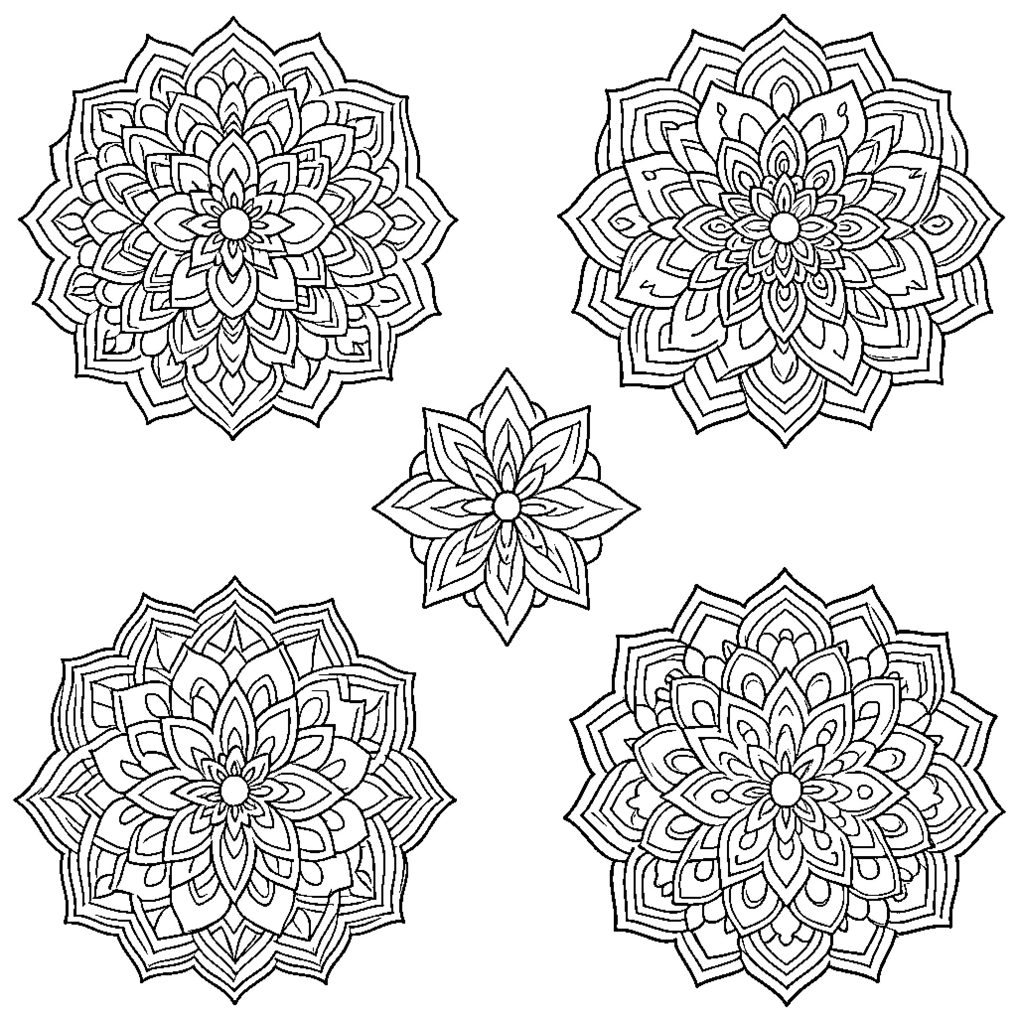 Mandala floral patterns with intricate designs Coloring Page (free black-and-white line drawing printable PDF for all, from beginners to advanced learners, including children, teens, adults, and seniors)