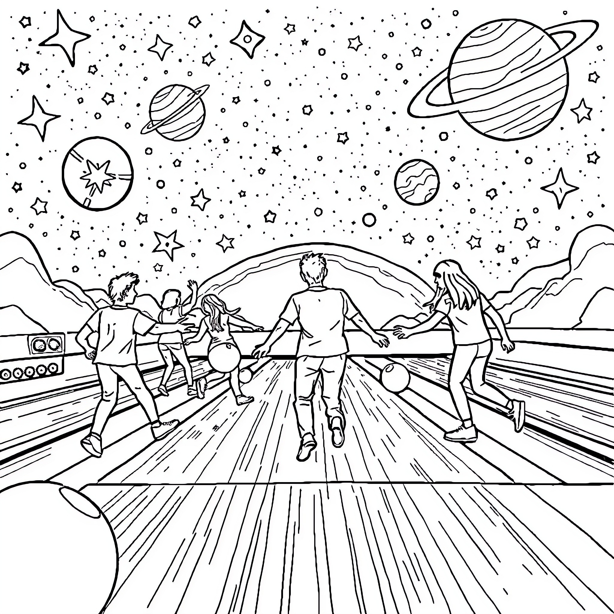 Bowling Under a Starry Sky Coloring Page (free black-and-white line drawing printable PDF for all, from beginners to advanced learners, including children, teens, adults, and seniors)