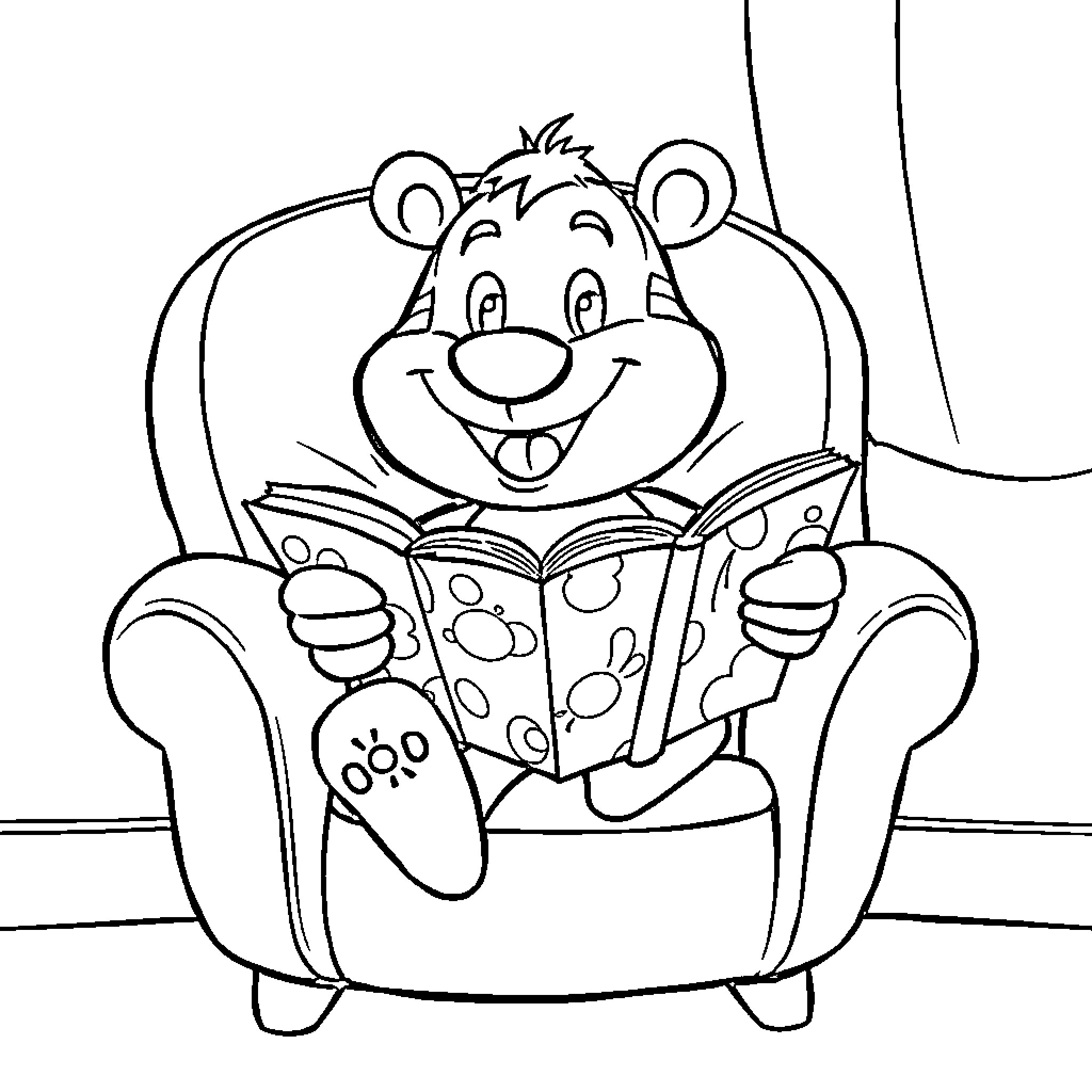 Böbo the happy bear reading a book Coloring Page (free black-and-white line drawing printable PDF for all, from beginners to advanced learners, including children, teens, adults, and seniors)