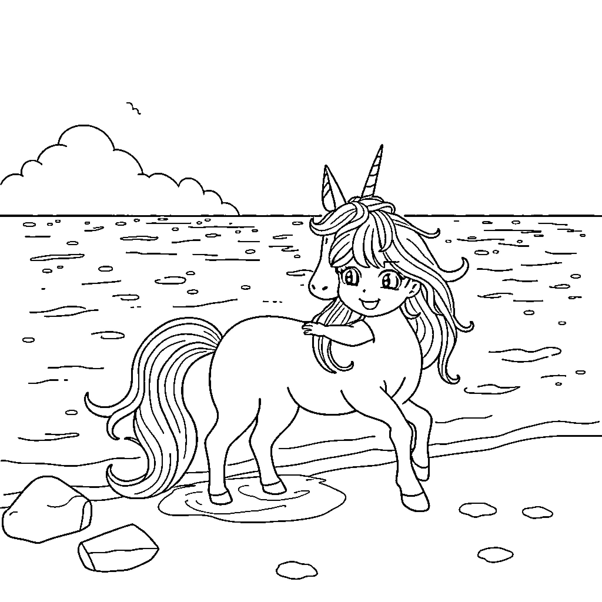 Unicorn playing happily on the beach Coloring Page (free black-and-white line drawing printable PDF for all, from beginners to advanced learners, including children, teens, adults, and seniors)