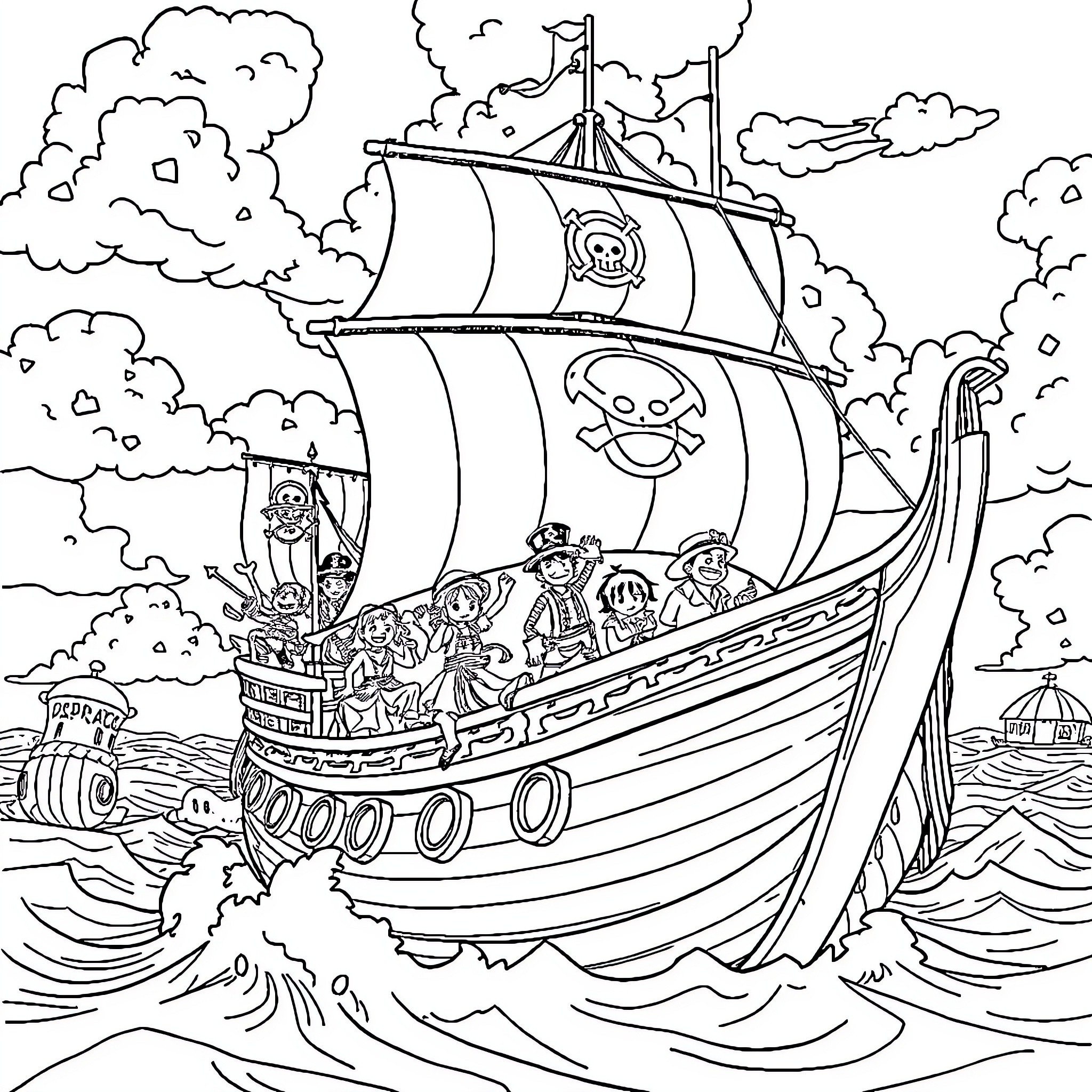 One Piece Pirate Ship Adventure on the High Seas Coloring Page (free black-and-white line drawing printable PDF for all, from beginners to advanced learners, including children, teens, adults, and seniors)