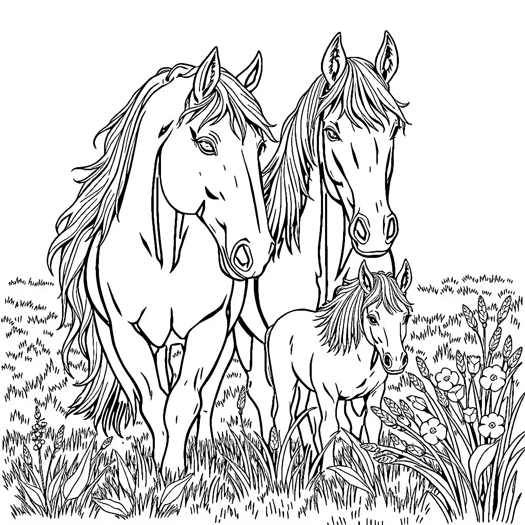 Horse Herd Grazing in Lush Meadow Coloring Page (free black-and-white line drawing printable PDF for all, from beginners to advanced learners, including children, teens, adults, and seniors)