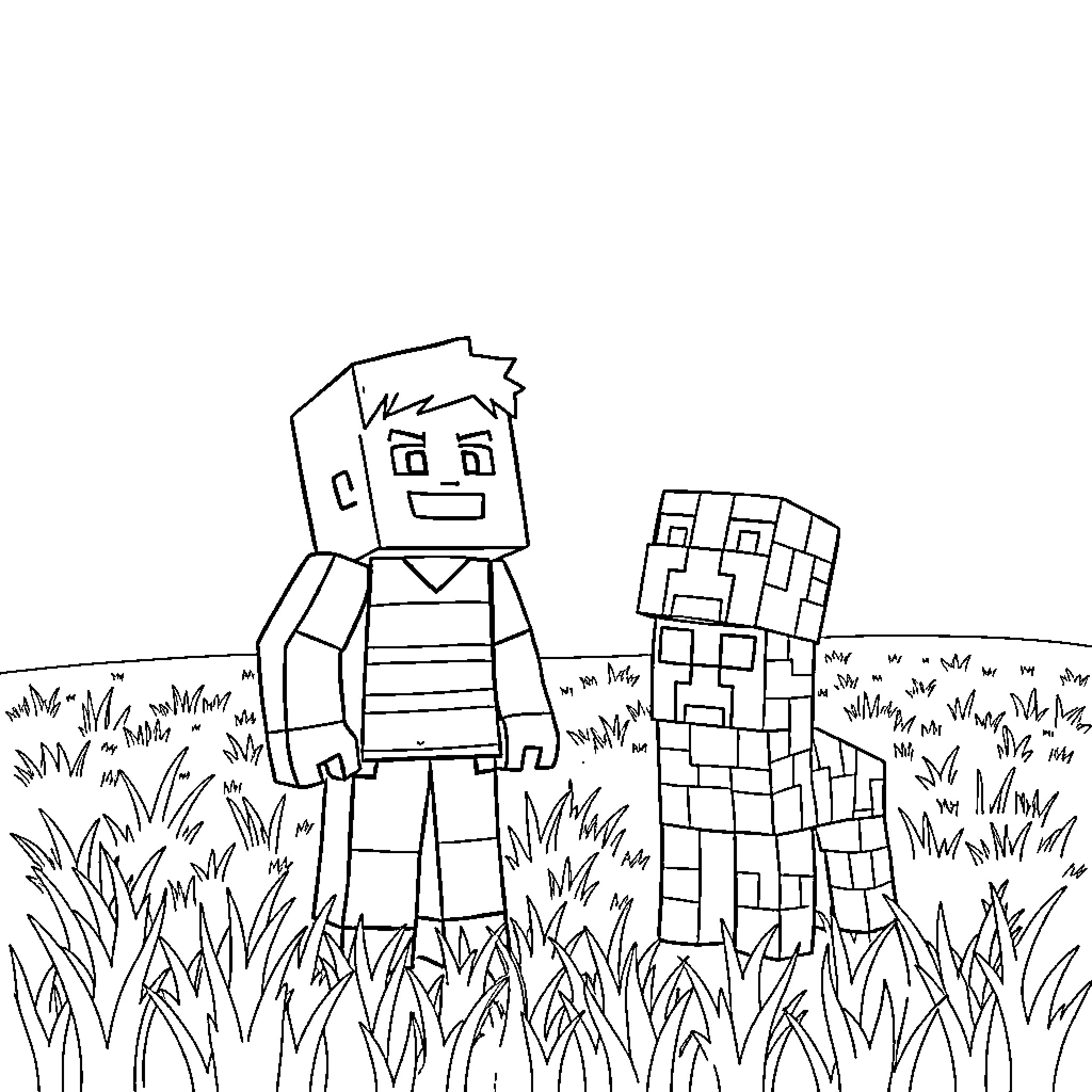 Steve exploring the blocky landscape with his friend Coloring Page (free black-and-white line drawing printable PDF for all, from beginners to advanced learners, including children, teens, adults, and seniors)