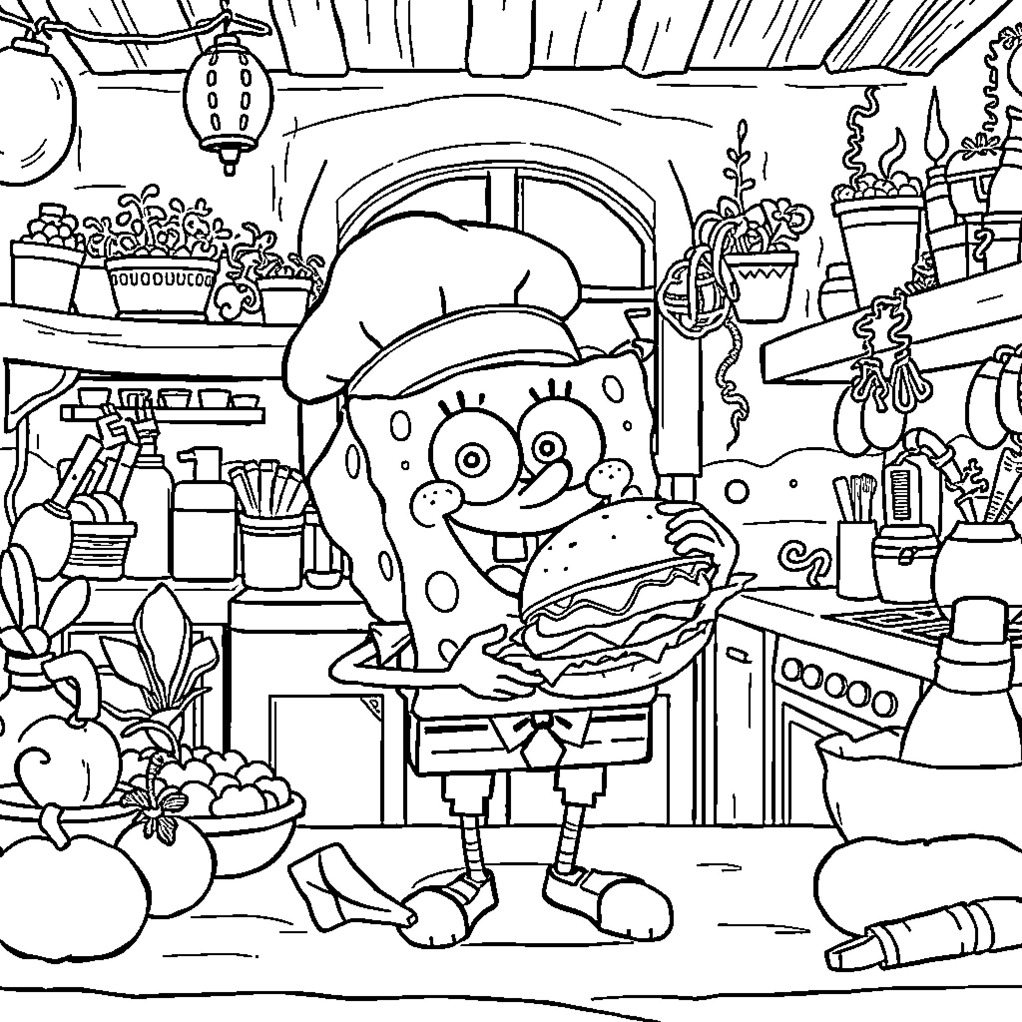 Spongebob in a Busy Kitchen Scene Coloring Page (free black-and-white line drawing printable PDF for all, from beginners to advanced learners, including children, teens, adults, and seniors)