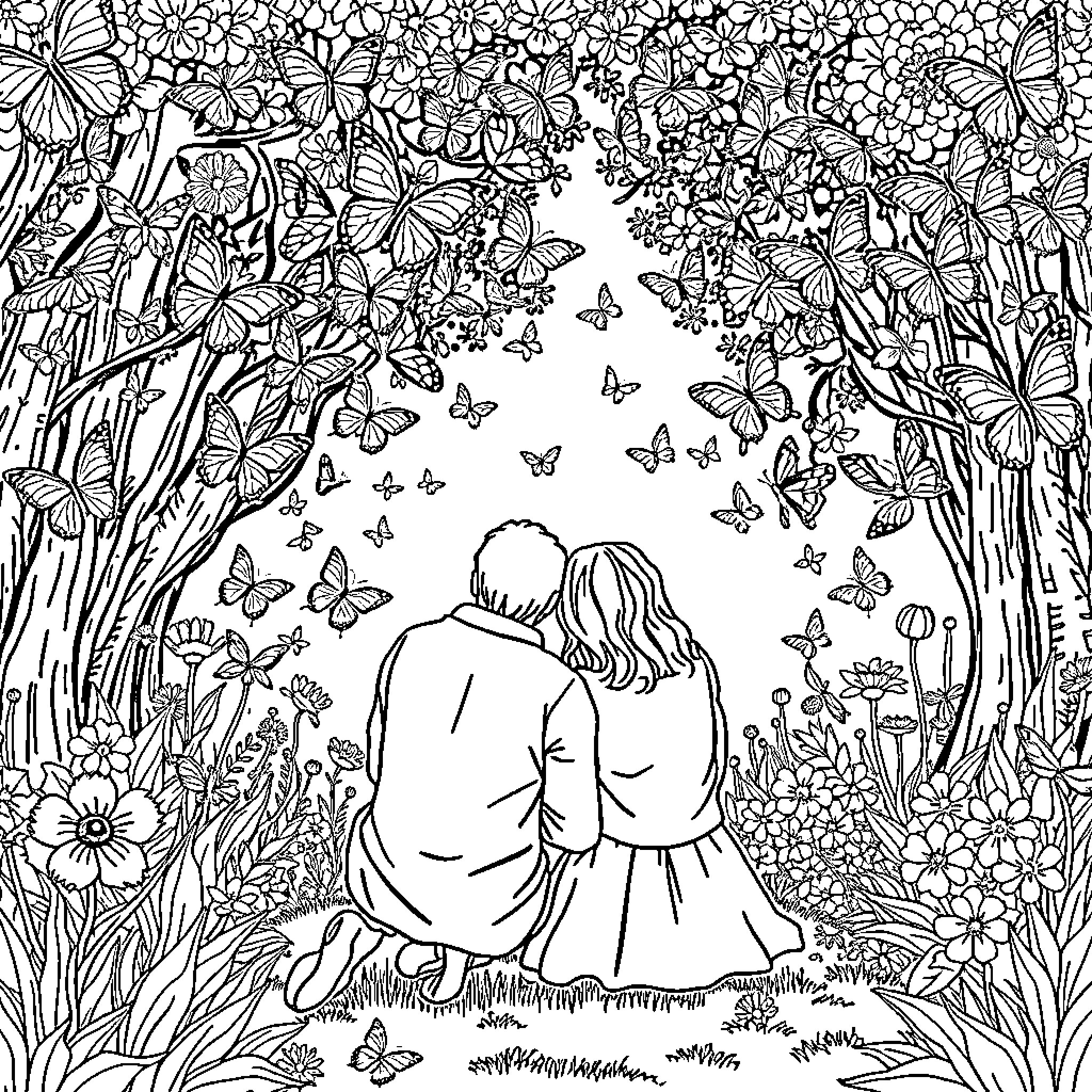 Couple admiring the floral landscape and butterflies Coloring Page (free black-and-white line drawing printable PDF for all, from beginners to advanced learners, including children, teens, adults, and seniors)