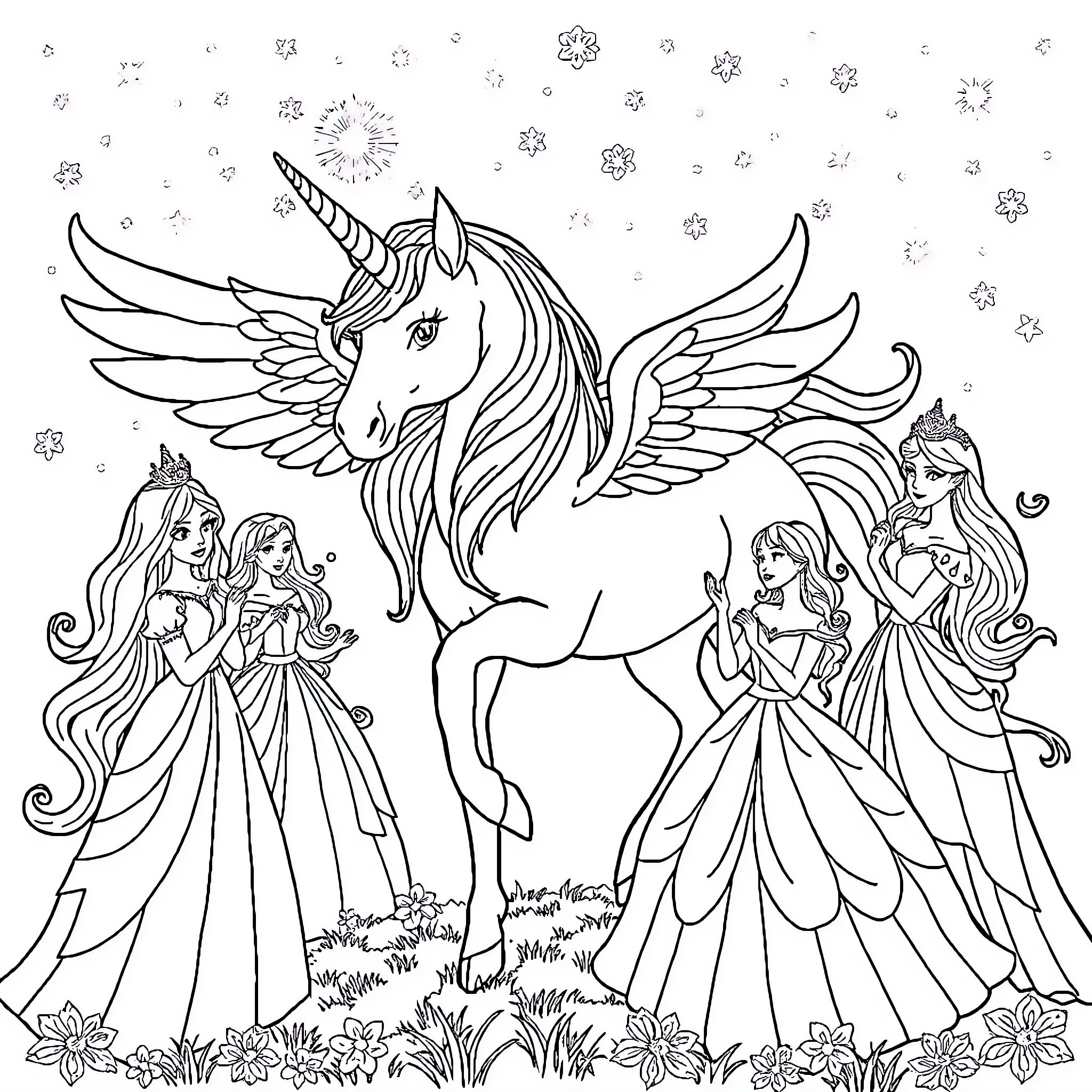 Unicorn with Magical Princess Companions Coloring Page (free black-and-white line drawing printable PDF for all, from beginners to advanced learners, including children, teens, adults, and seniors)