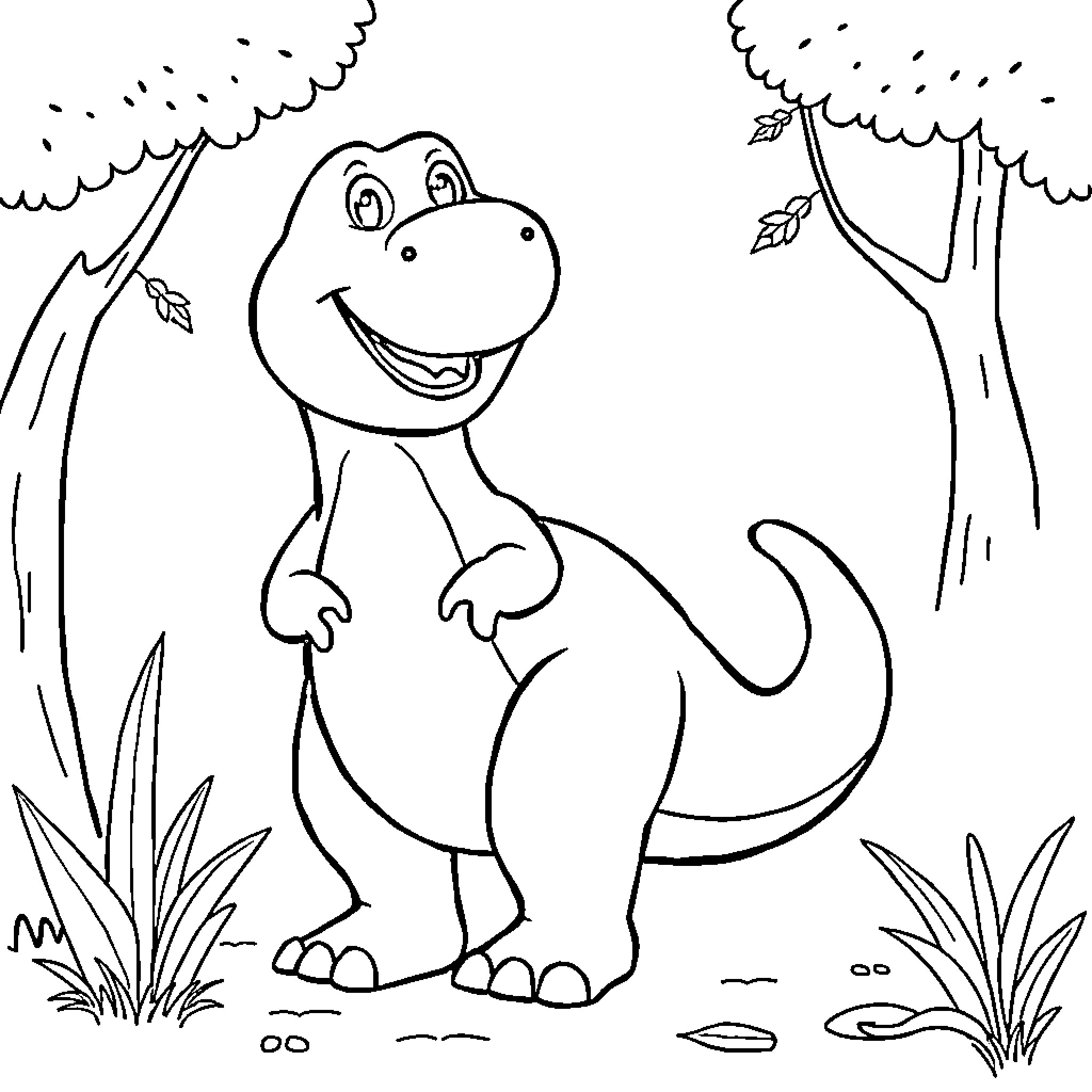 Barney the Friendly Dinosaur in the Enchanted Forest Coloring Page (free black-and-white line drawing printable PDF for all, from beginners to advanced learners, including children, teens, adults, and seniors)