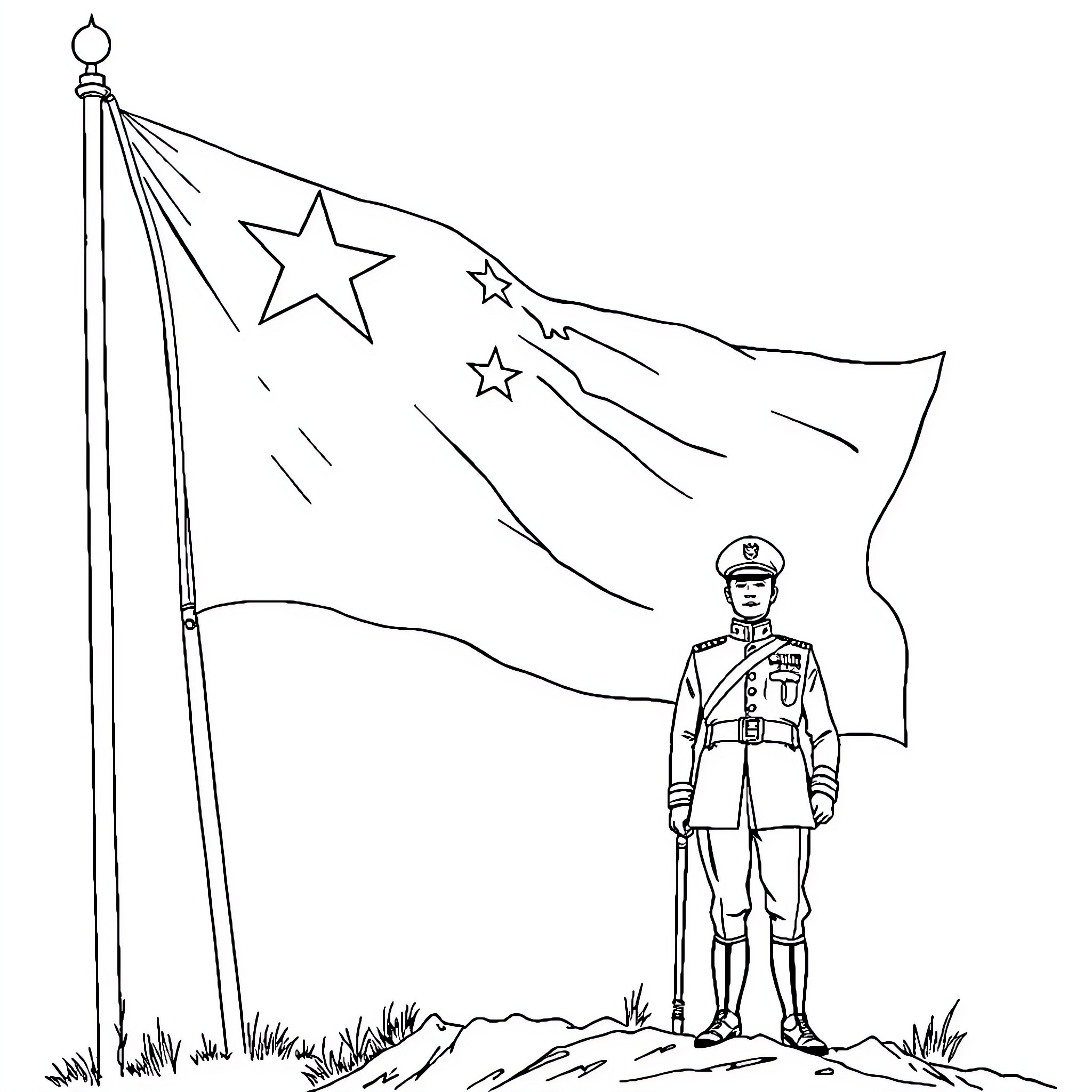 War Flag with Uniformed Soldier on Battlefield Coloring Page (free black-and-white line drawing printable PDF for all, from beginners to advanced learners, including children, teens, adults, and seniors)