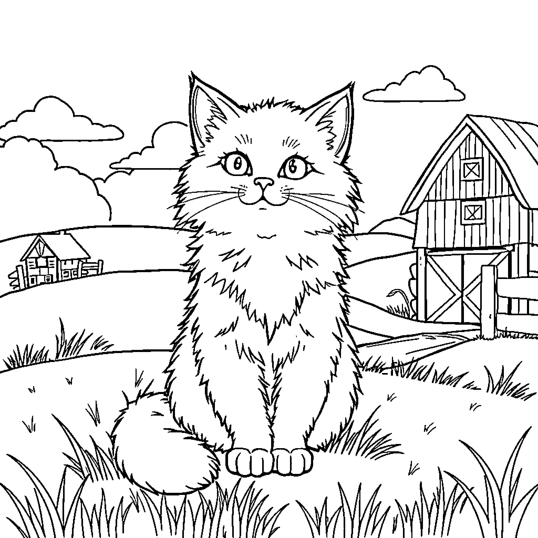 Cat enjoying the countryside scene Coloring Page (free black-and-white line drawing printable PDF for all, from beginners to advanced learners, including children, teens, adults, and seniors)