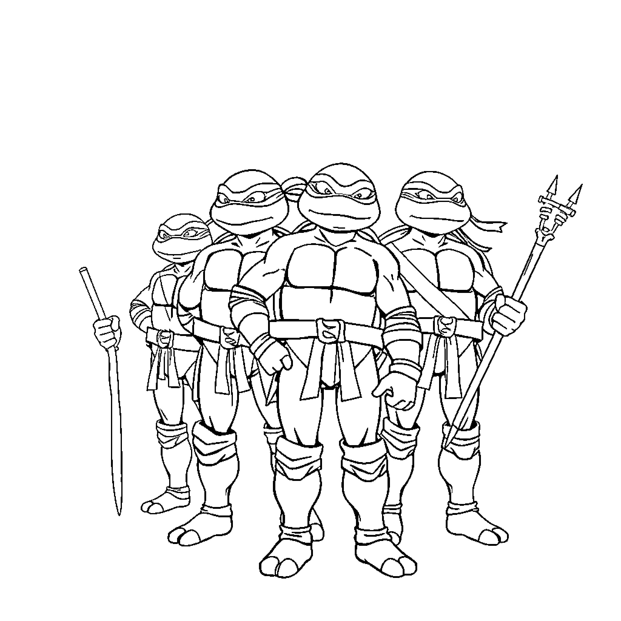 Ninja Turtles in battle stance with weapons Coloring Page (free black-and-white line drawing printable PDF for all, from beginners to advanced learners, including children, teens, adults, and seniors)
