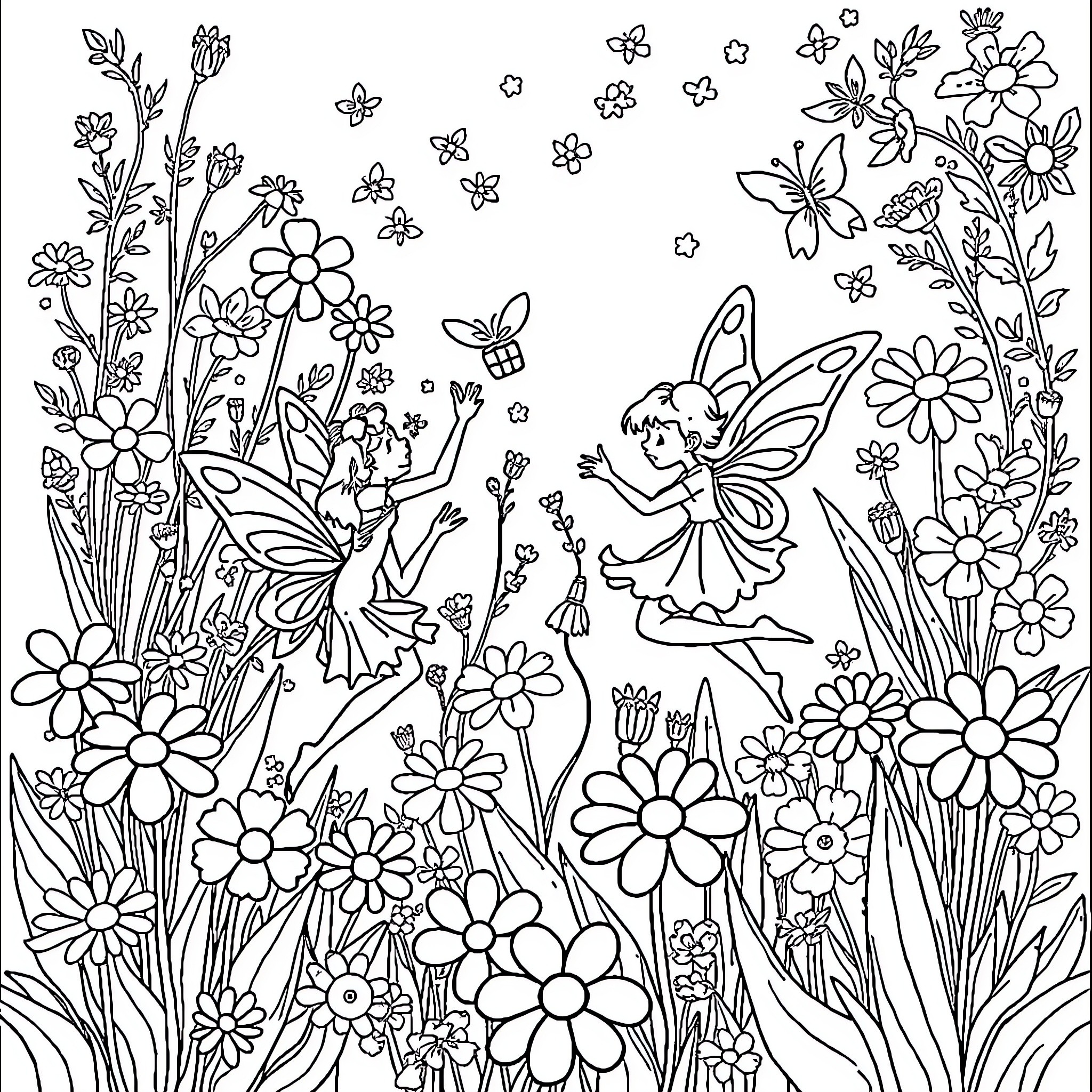 Fairy fairies dancing amidst enchanting floral scene Coloring Page (free black-and-white line drawing printable PDF for all, from beginners to advanced learners, including children, teens, adults, and seniors)