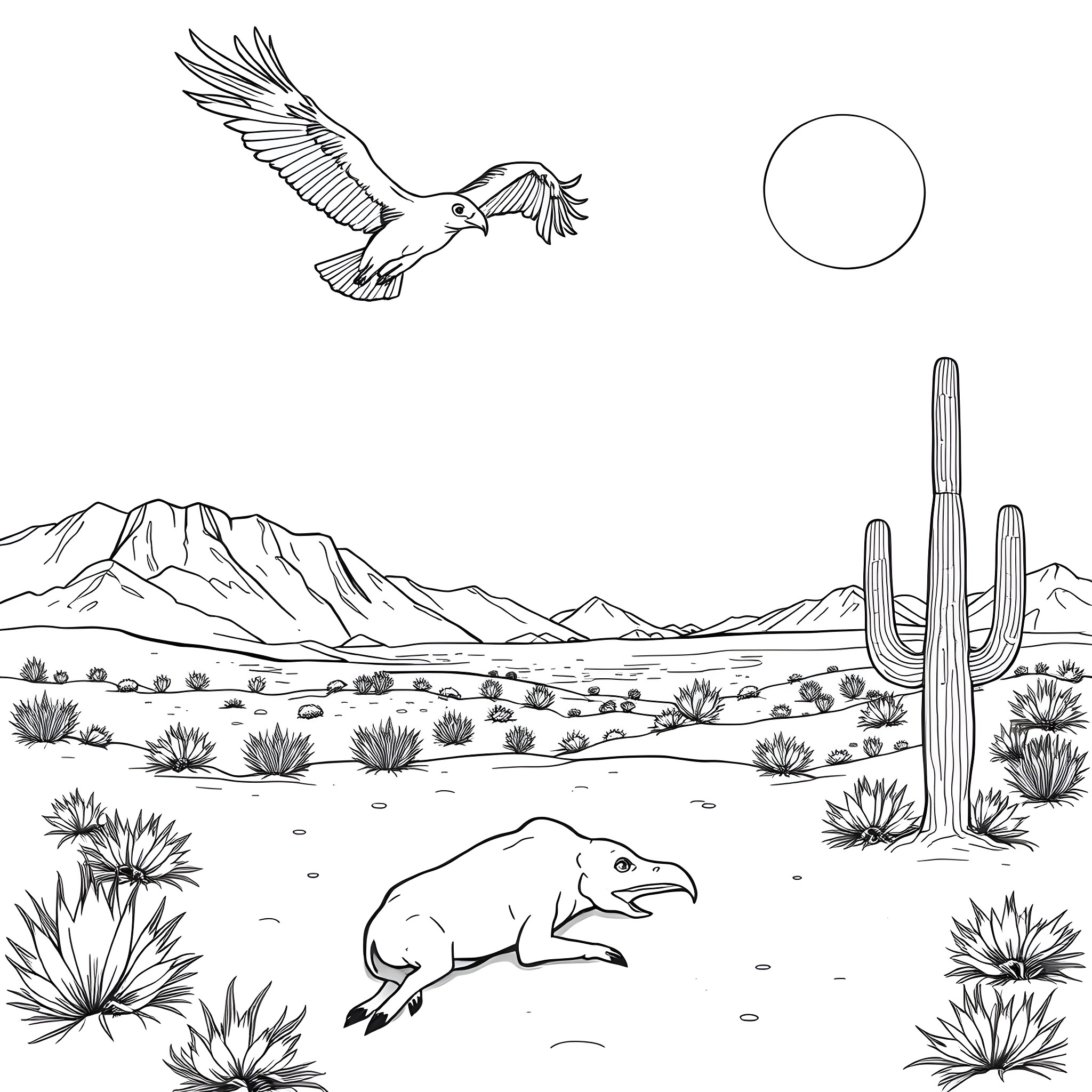Vulture soaring over desert landscape with cactus Coloring Page (free black-and-white line drawing printable PDF for all, from beginners to advanced learners, including children, teens, adults, and seniors)