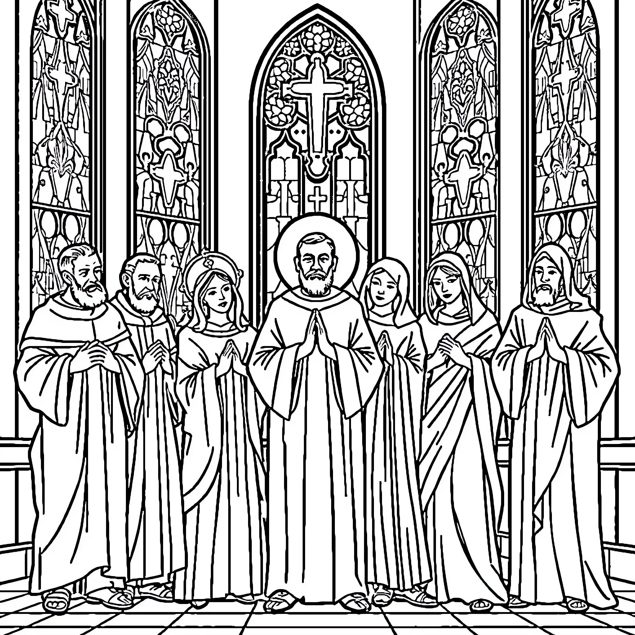 Saint Clergy and Congregation in a Cathedral Coloring Page (free black-and-white line drawing printable PDF for all, from beginners to advanced learners, including children, teens, adults, and seniors)