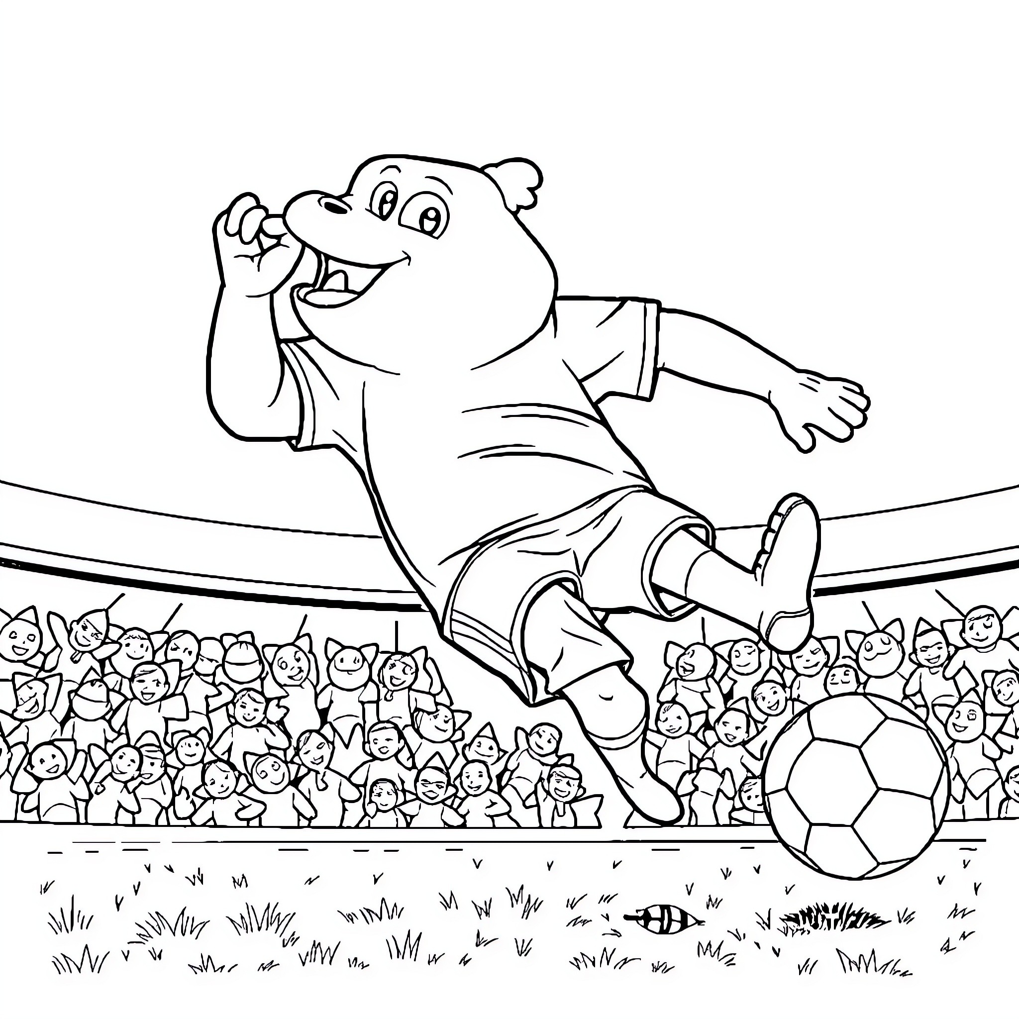Elephant playing joyfully in a soccer stadium Coloring Page (free black-and-white line drawing printable PDF for all, from beginners to advanced learners, including children, teens, adults, and seniors)