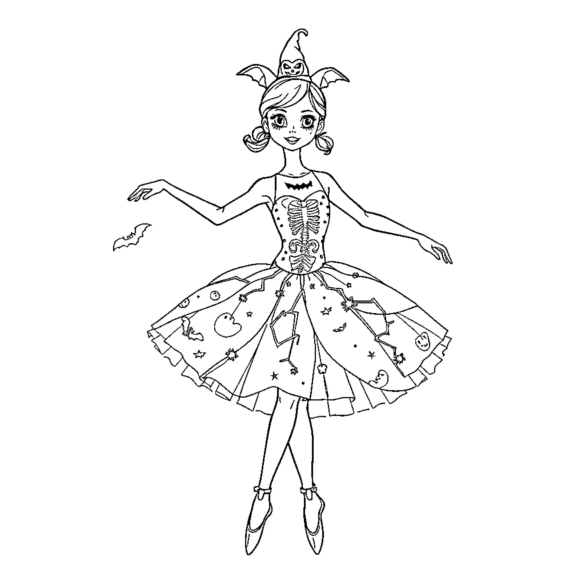 Ballerina in Halloween-themed costume dancing gracefully Coloring Page (free black-and-white line drawing printable PDF for all, from beginners to advanced learners, including children, teens, adults, and seniors)