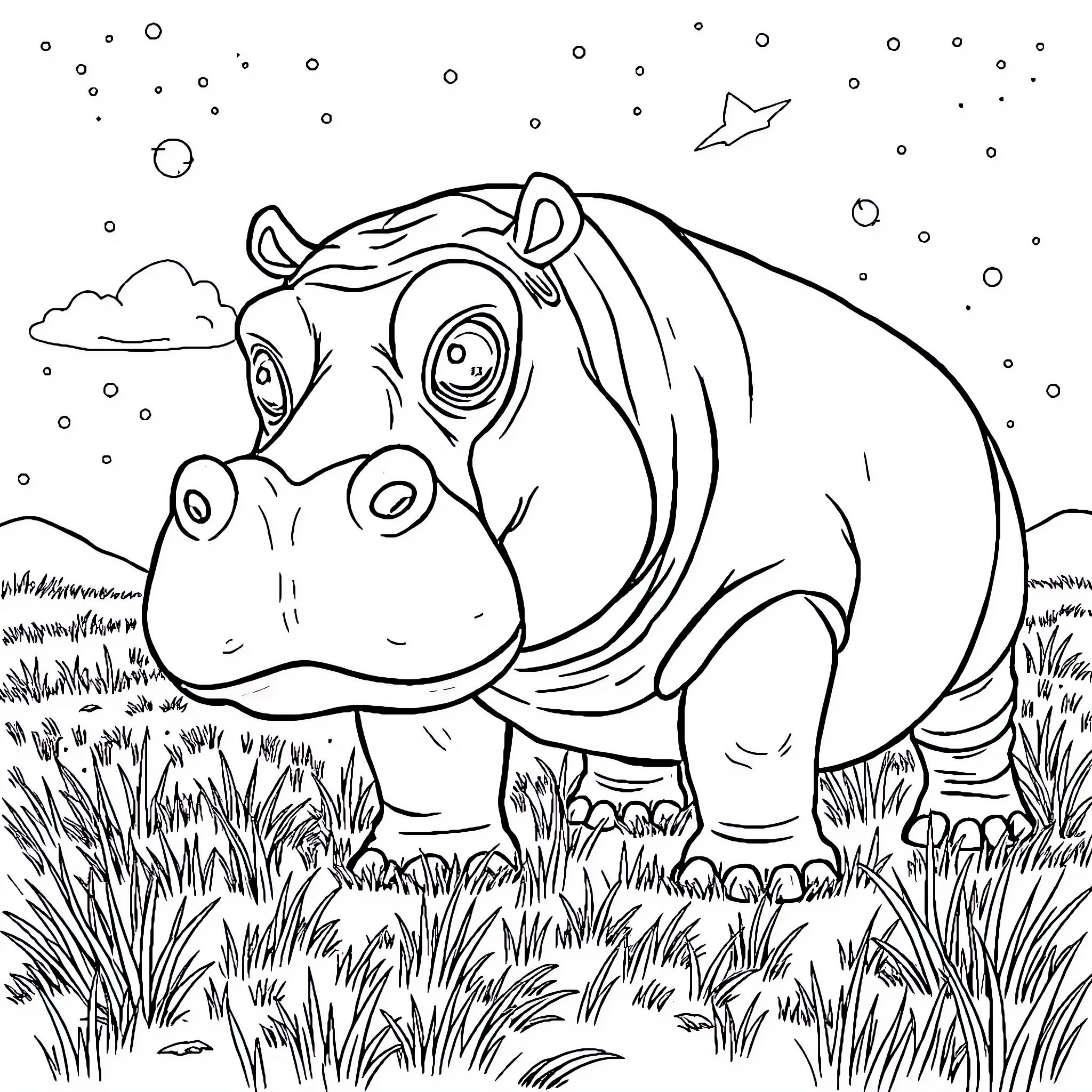 Alien Hippo in Whimsical Meadow Coloring Page (free black-and-white line drawing printable PDF for all, from beginners to advanced learners, including children, teens, adults, and seniors)