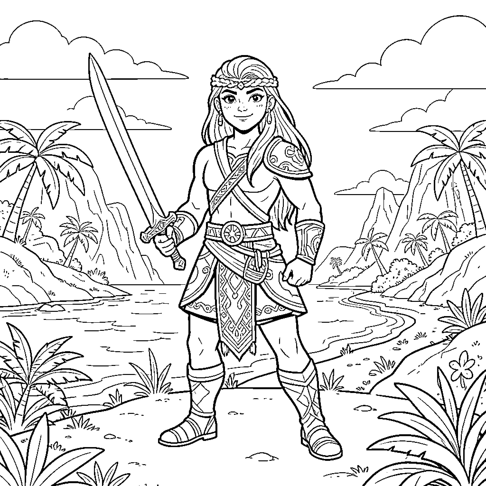 Tekka warrior standing heroically with a sword in paradise Coloring Page (free black-and-white line drawing printable PDF for all, from beginners to advanced learners, including children, teens, adults, and seniors)