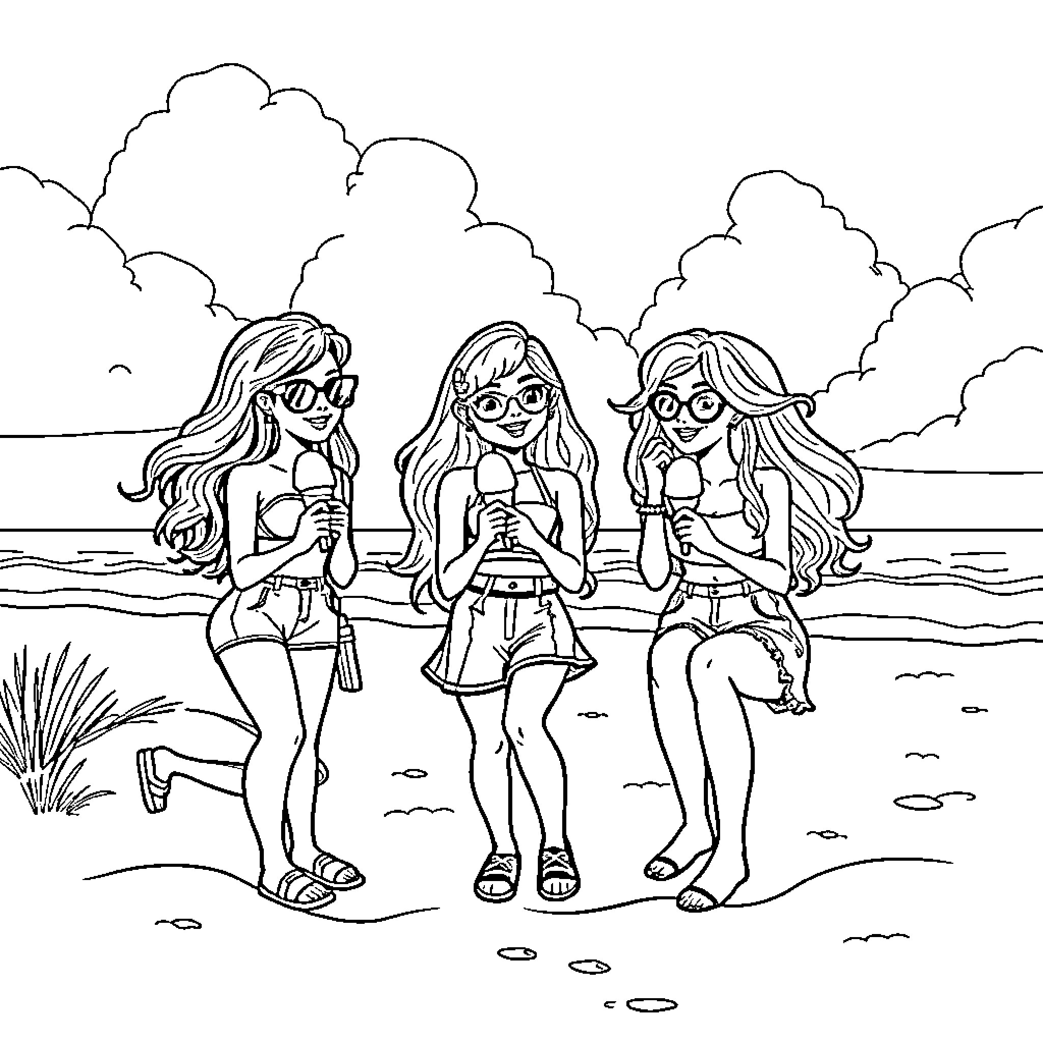 Little Mix enjoying a beach day together Coloring Page (free black-and-white line drawing printable PDF for all, from beginners to advanced learners, including children, teens, adults, and seniors)