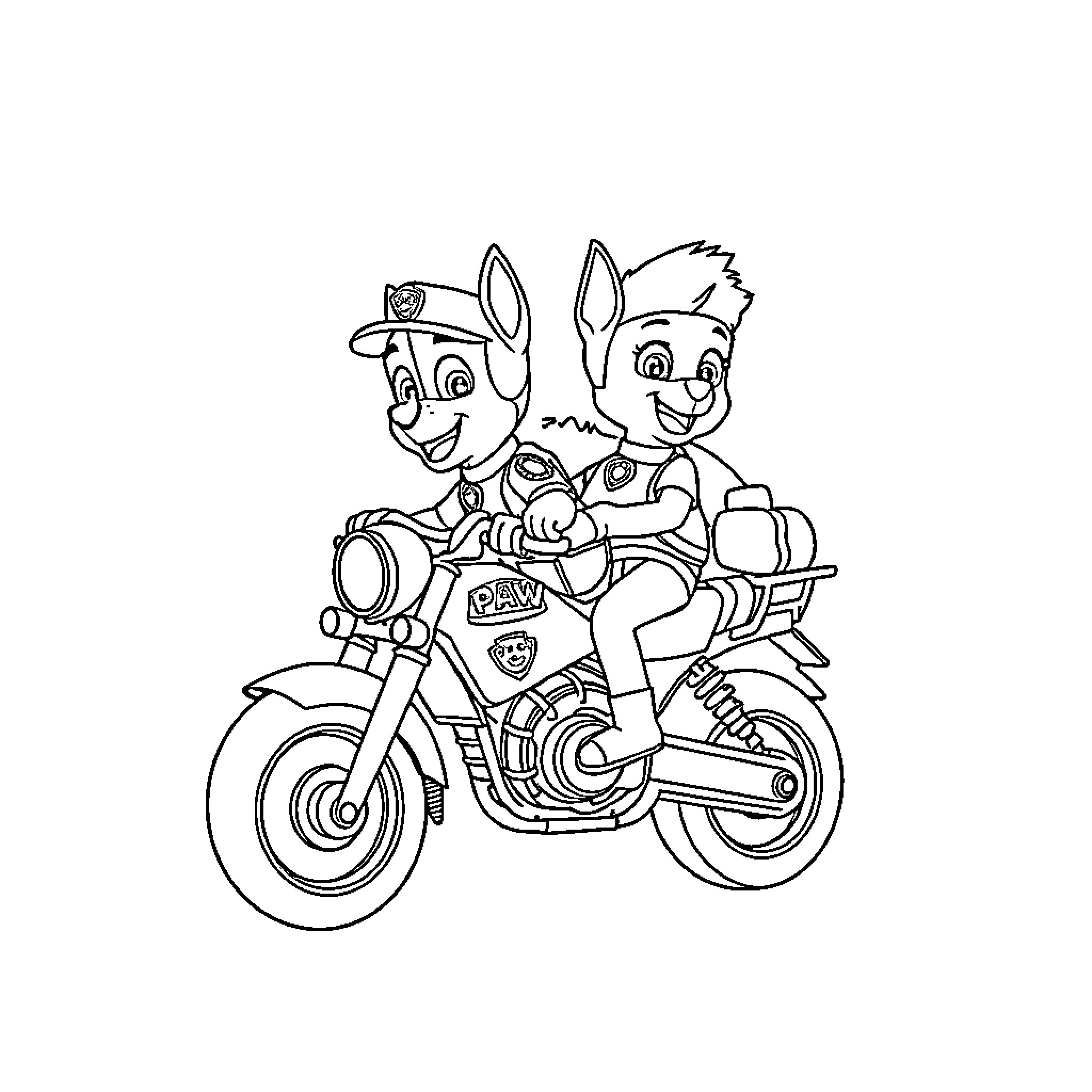 Paw Patrol Rescue Team Riding Motorcycle Coloring Page (free black-and-white line drawing printable PDF for all, from beginners to advanced learners, including children, teens, adults, and seniors)