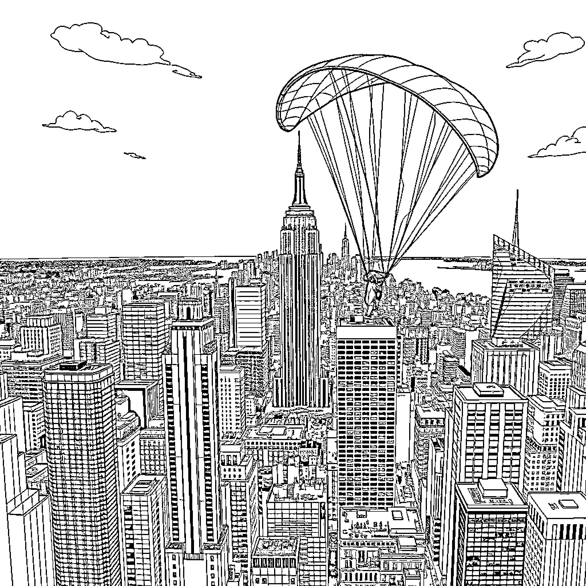 Paraglider soaring over the bustling city skyline Coloring Page (free black-and-white line drawing printable PDF for all, from beginners to advanced learners, including children, teens, adults, and seniors)