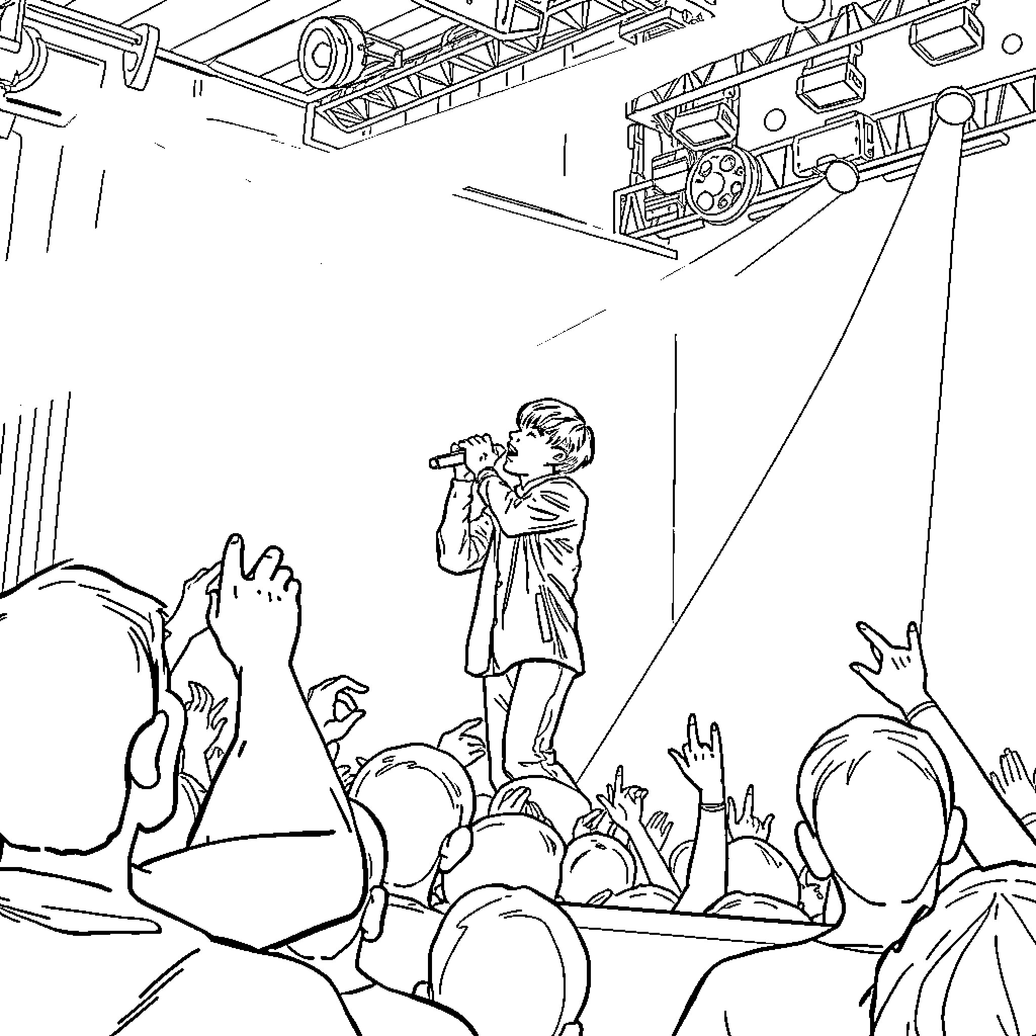 Jungkook performing on stage with enthusiastic crowd Coloring Page (free black-and-white line drawing printable PDF for all, from beginners to advanced learners, including children, teens, adults, and seniors)