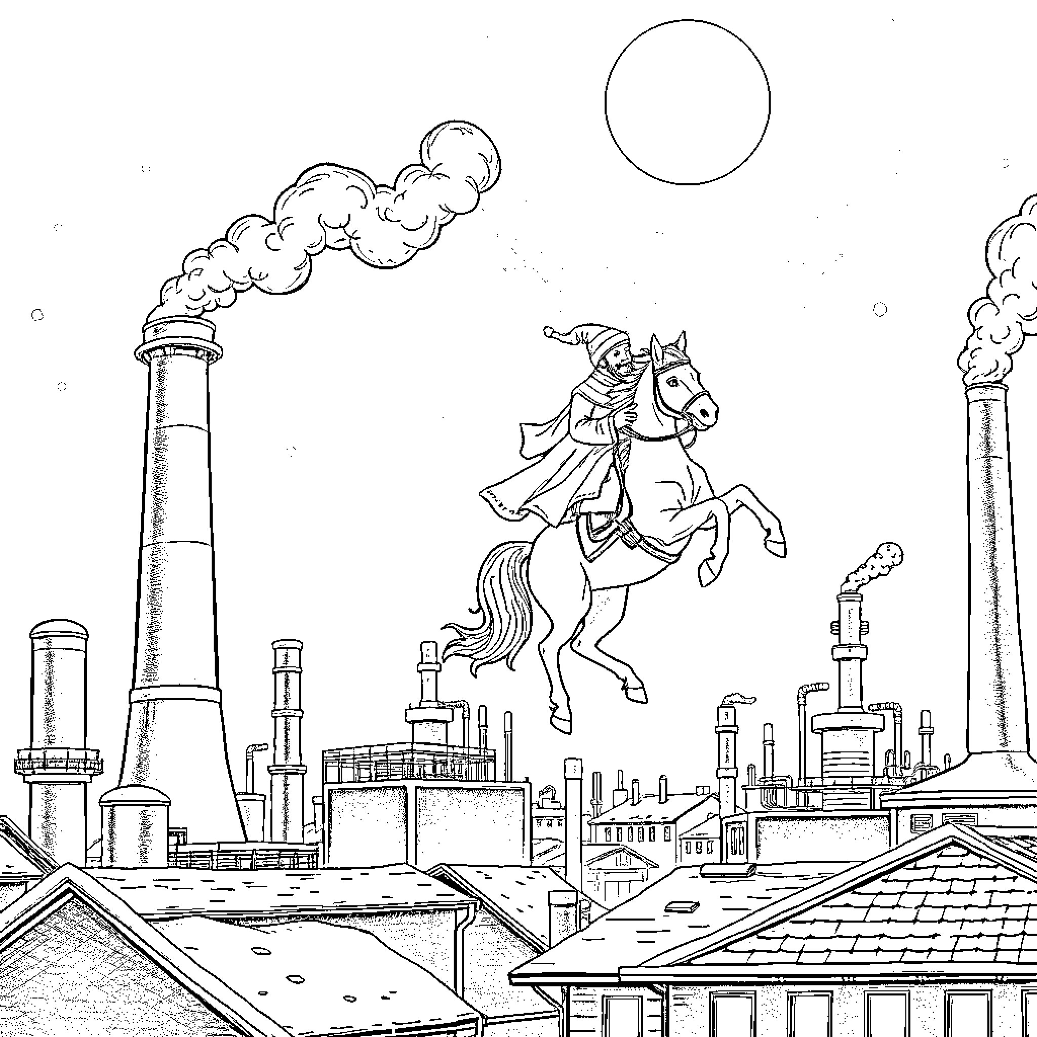 Sinterklaas riding horse over industrial cityscape Coloring Page (free black-and-white line drawing printable PDF for all, from beginners to advanced learners, including children, teens, adults, and seniors)