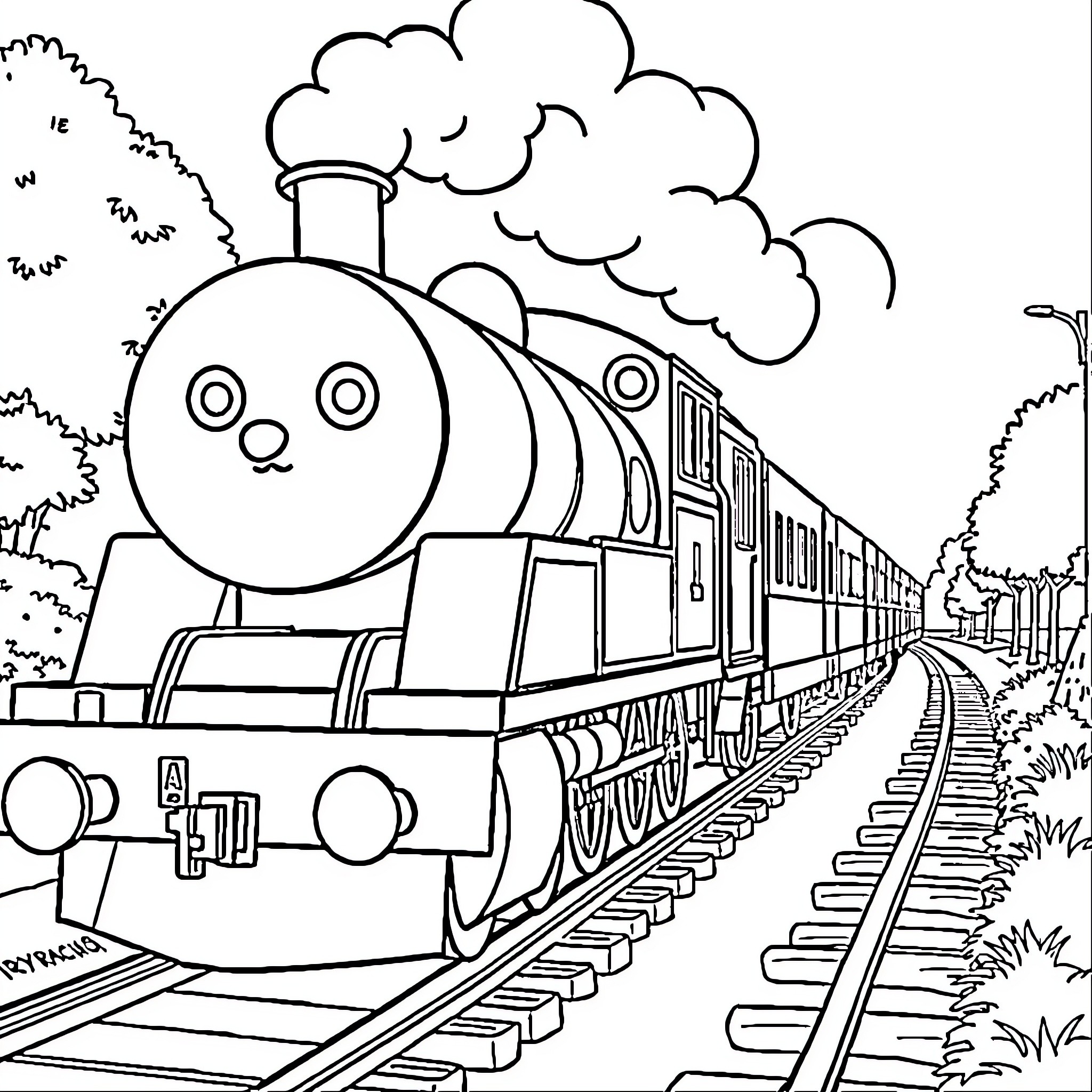 Train chugging through a scenic landscape Coloring Page (free black-and-white line drawing printable PDF for all, from beginners to advanced learners, including children, teens, adults, and seniors)