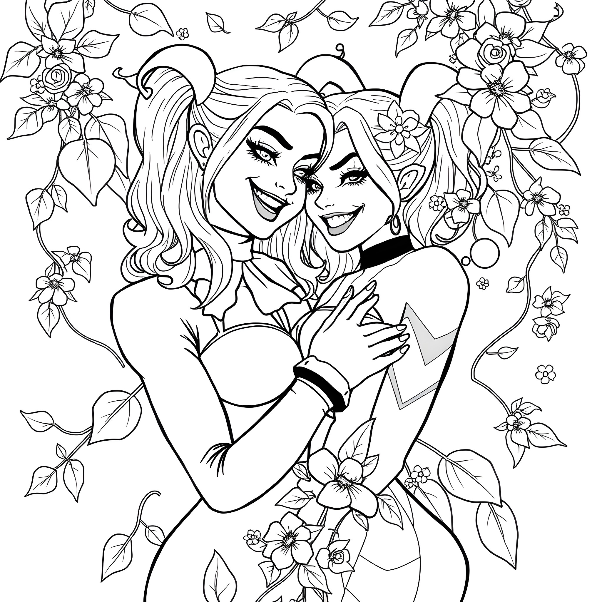 Harley Quinn and Poison Ivy embracing in floral surroundings Coloring Page (free black-and-white line drawing printable PDF for all, from beginners to advanced learners, including children, teens, adults, and seniors)