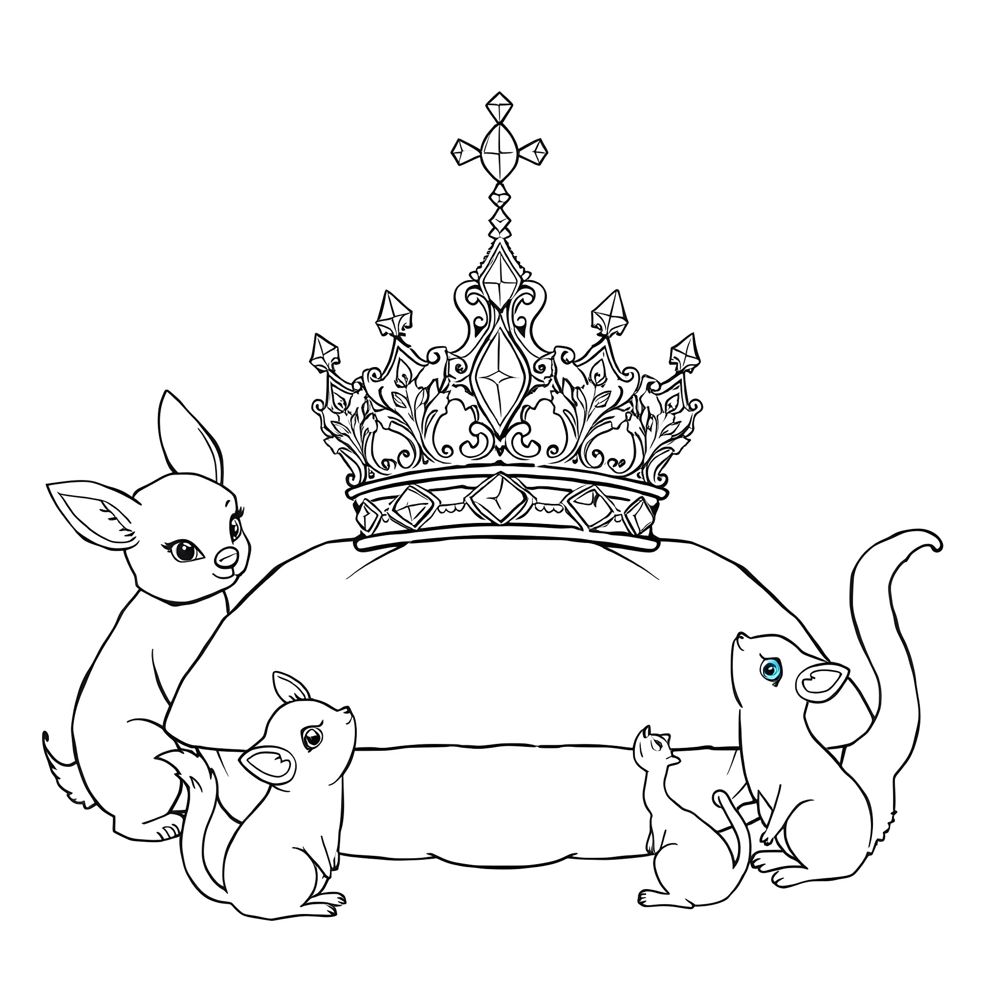 Snow White and her royal rabbit companions Coloring Page (free black-and-white line drawing printable PDF for all, from beginners to advanced learners, including children, teens, adults, and seniors)